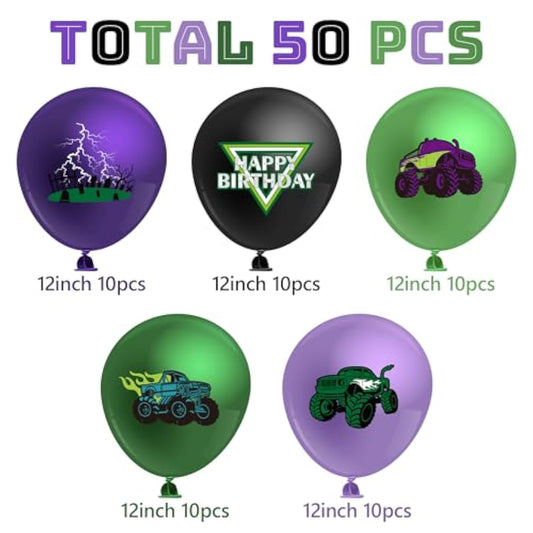 Monster Truck Birthday Balloon - 50Pcs Green Purple Monster Truck Lightning Print Latex Balloon Kit For Kid Boy Baby Shower Happy Birthday Themed Party Decoration Photo Prop Backdrop Supply