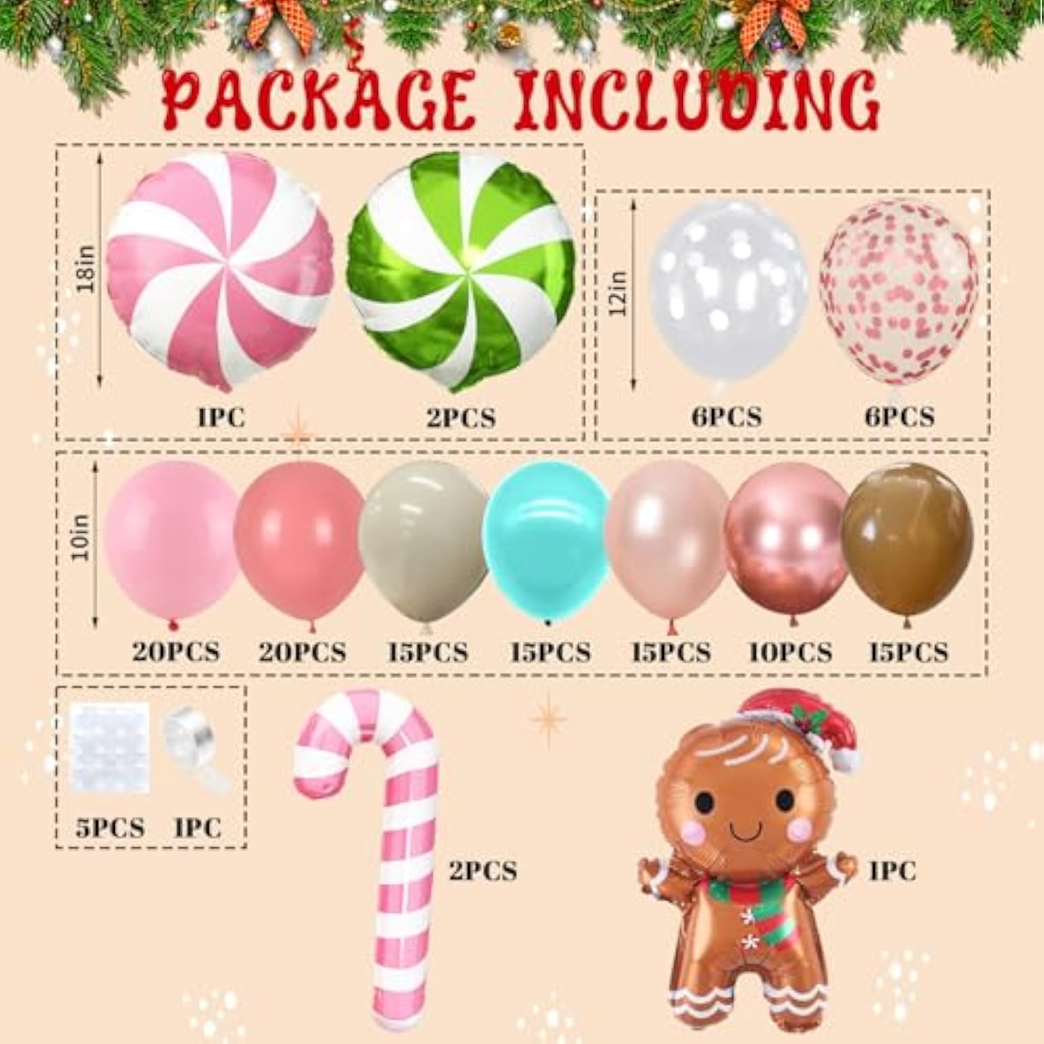 Gingerbread Balloon Garland Kit 134Pcs Christmas Balloons Arch Kit Pink Brown Rose Gold Teal Blue Balloons With Candy Cane Foil Balloon New Year Xmas Cookie Exchange Gingerbread House Party Decoration
