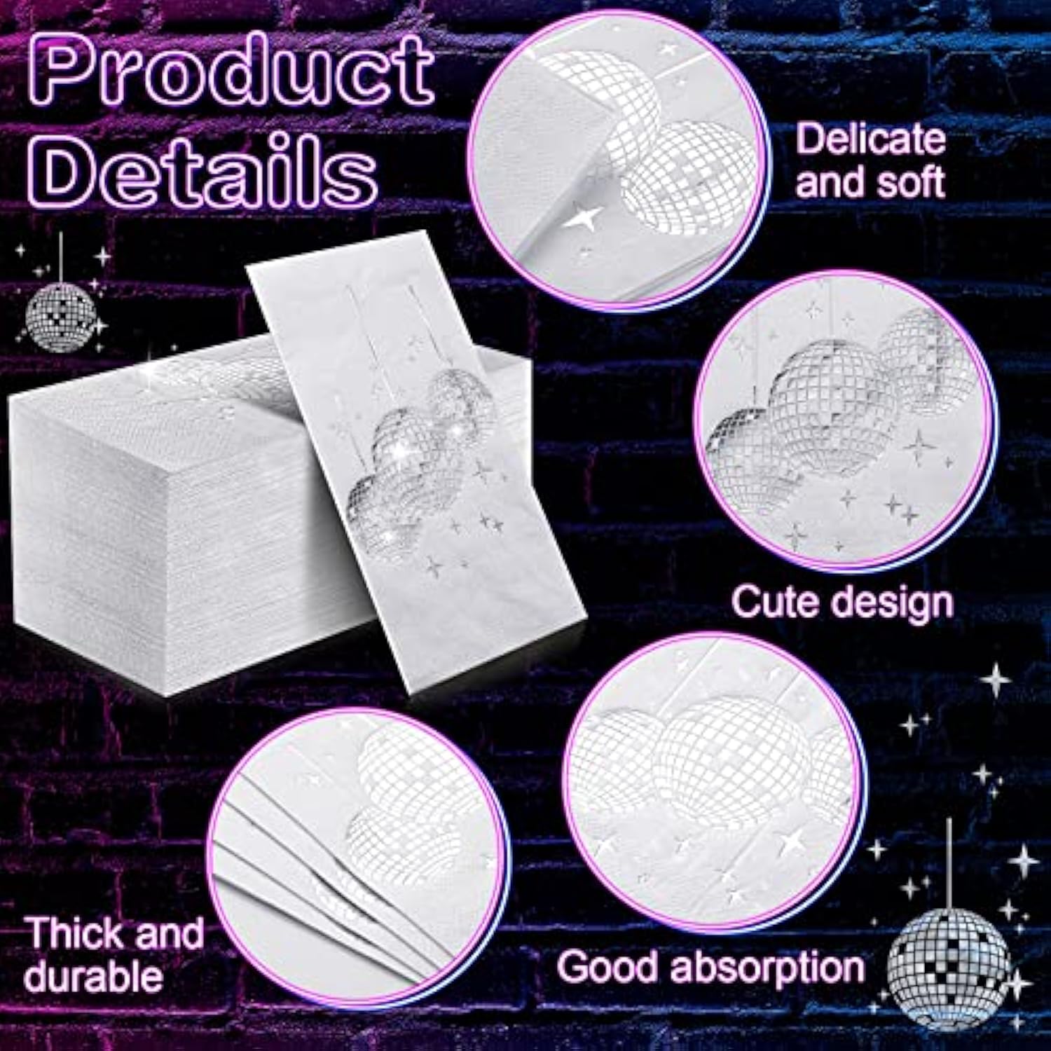 100 Pcs Disco Party Cocktail Napkins With Silver Foil Guest Towel Paper Disposable 70S 80S 90S Party Supplies Cocktail Napkins For Wedding Birthday Graduation 2 Ply 4 X 8 In(White Background)