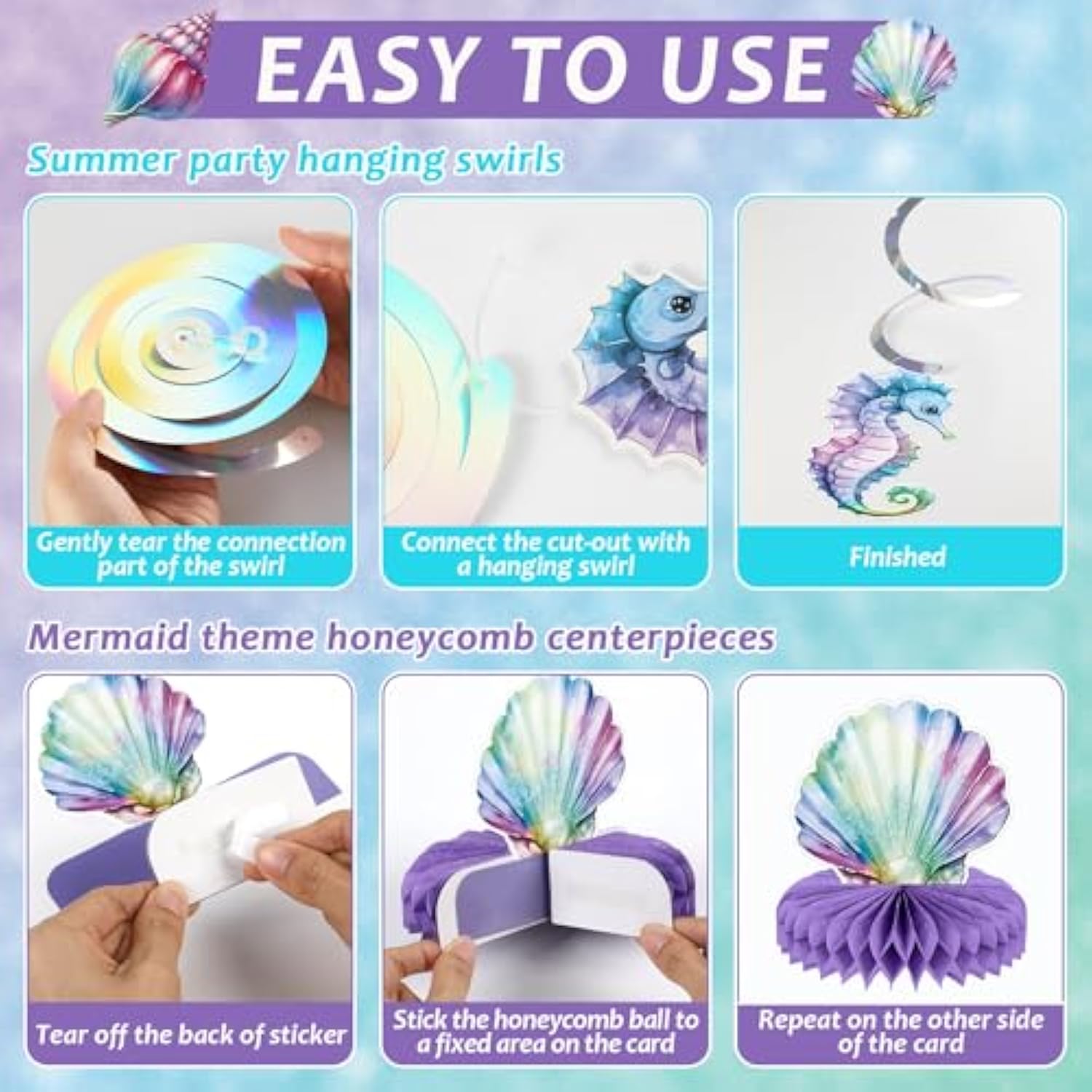 Mermaid Birthday Decorations Mermaid Party Honeycomb Centerpieces, Hanging Swirls Happy Birthday Banner Kit Ocean Mermaids Cutouts For Kids Under The Sea Baby Shower Party Supplies