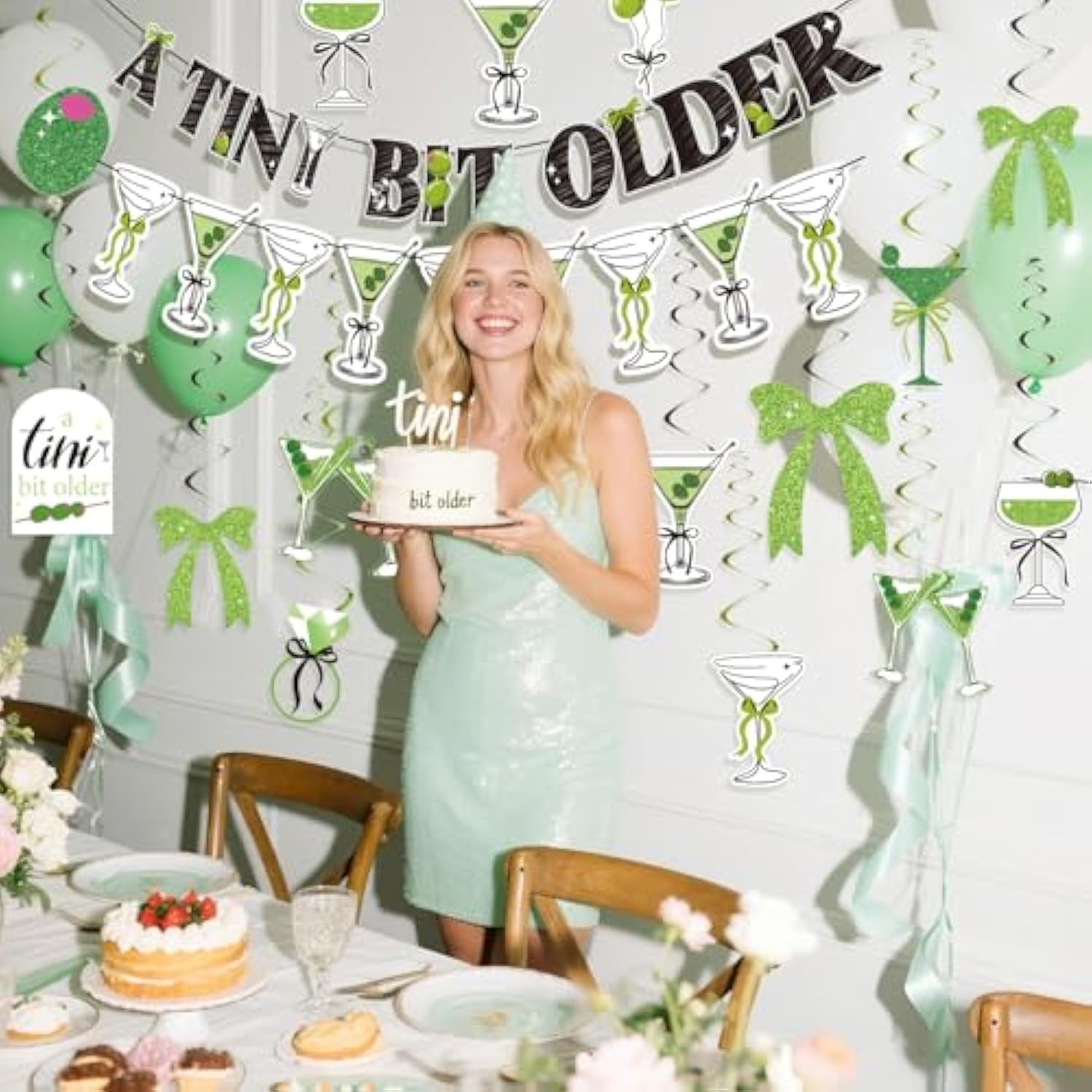 42Pcs A Tini Bit Older Birthday Banner With Hanging Swirls Bow Decorations Olive Green Martini Party Decorations For Women, Coffee Party, Summer Birthday Party.