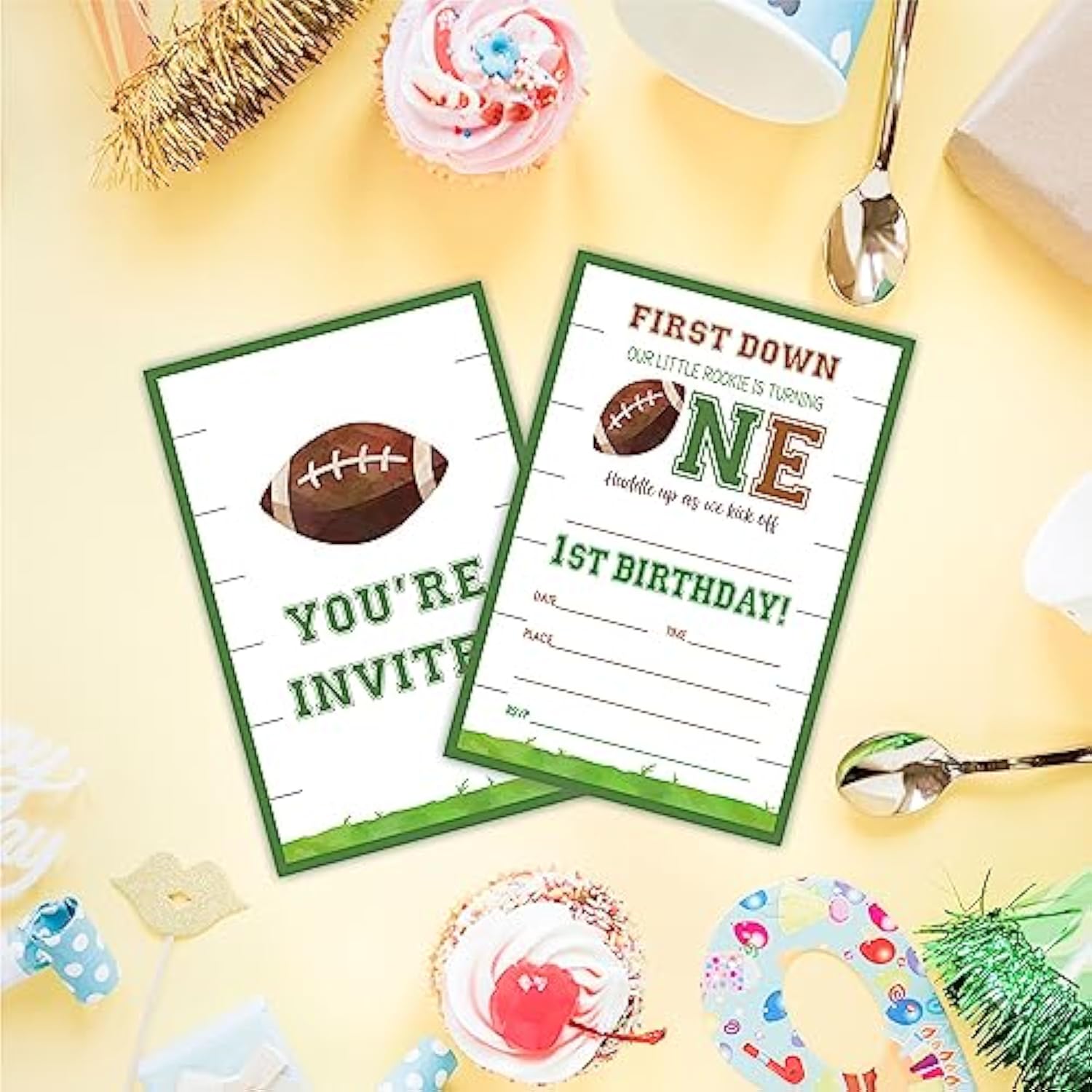 Football 1St Birthday Party Invitations, Sports Themed Invite Cards (20-Pack) With Envelopes, Rugby Style Birthday Party Supplies Decorations(4"X6")-C05
