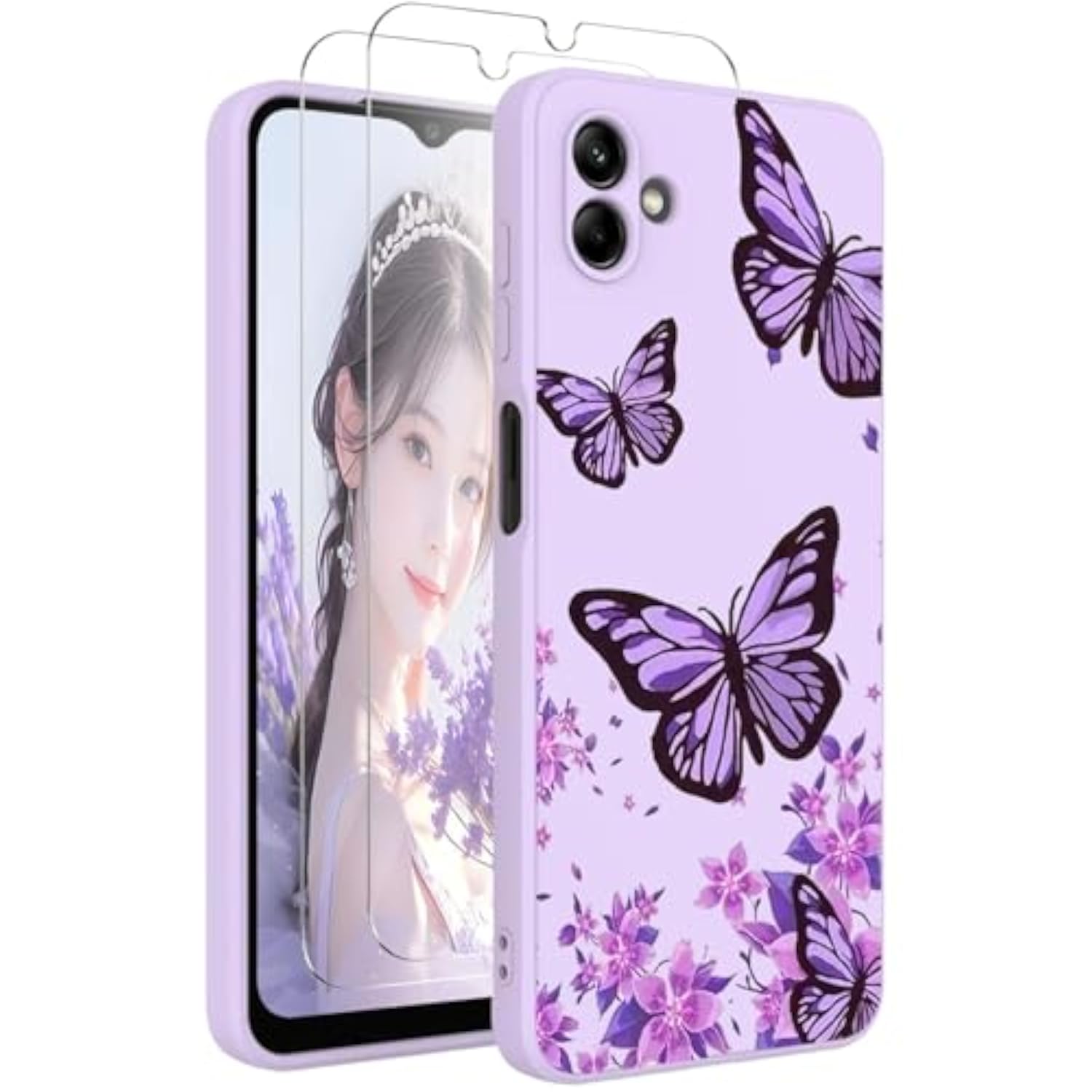 Samsung Galaxy A07 4G Case with 2 PCS Screen Protectors, Soft Liquid Silicone Anti-Scratch Protective Shockproof Florals Cover for Samsung Galaxy A07 (Purple Butterfly, Samsung Galaxy A07 4G)