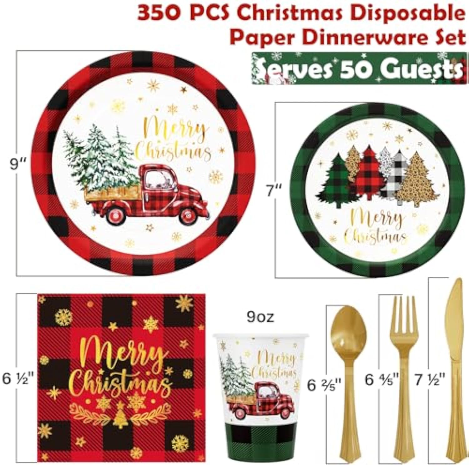 Christmas Party Decorations Supplies - 350 Pcs Merry Christmas Birthday Buffalo Plaid Disposable Dinnerware Set(50 Guest) With Xmas Paper Plates Napkins Cups Plastic Fork Knive Spoon For Holiday Decor