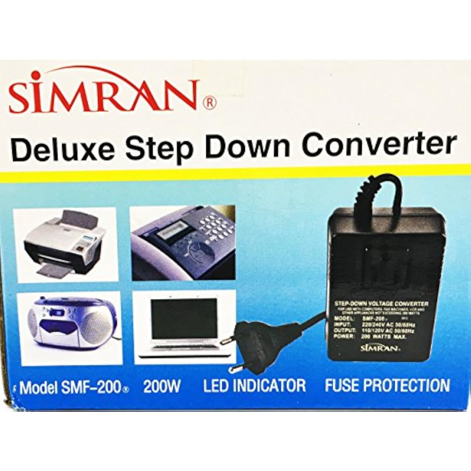 Simran SMF-200 Deluxe 200 Watts Step Down Voltage Converter for International Travel to AC 220V/240V Countries, Ideal for Laptops, Cameras, iPhones, BlackBerry, iPods etc