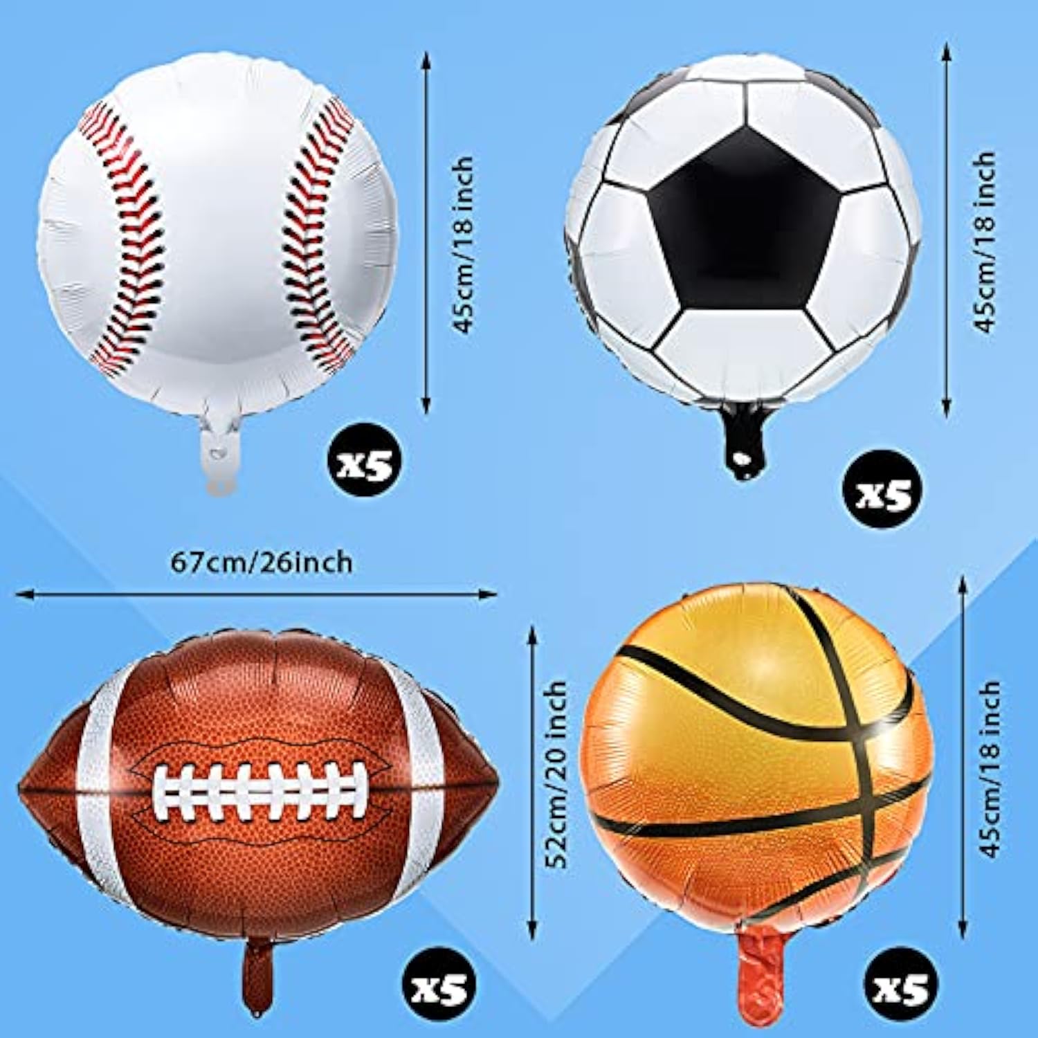 20 Pieces Sports Foil Balloon Set, Baseball Balloons Football Balloons