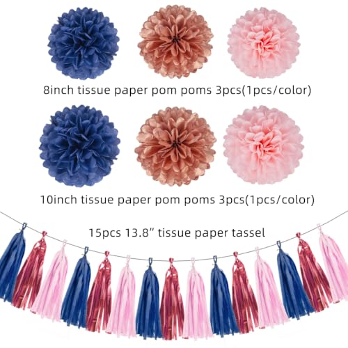 Rose-Gold Pink Navy-Blue Party-Decorations - 23pcs Tissue Paper Flowers Pom Poms Tassel Garland Pennant Banner Flags Streamers Birthday Bachelorette Gender Reveal Theme Hanging Decor