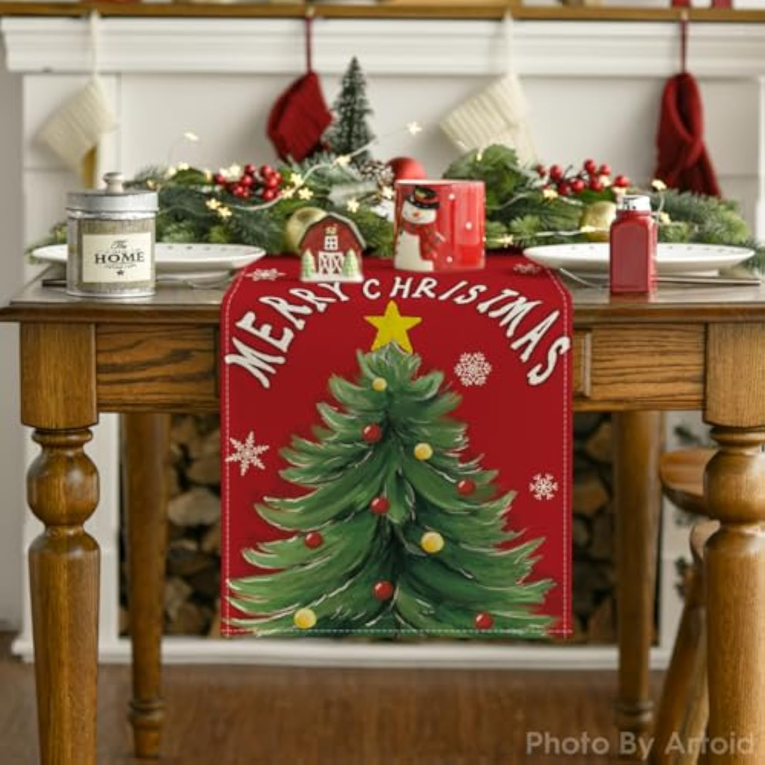 Red Xmas Pine Snowflake Merry Christmas Table Runner, Seasonal Winter Kitchen Dining Table Decoration For Home Party Decor 13X72 Inch