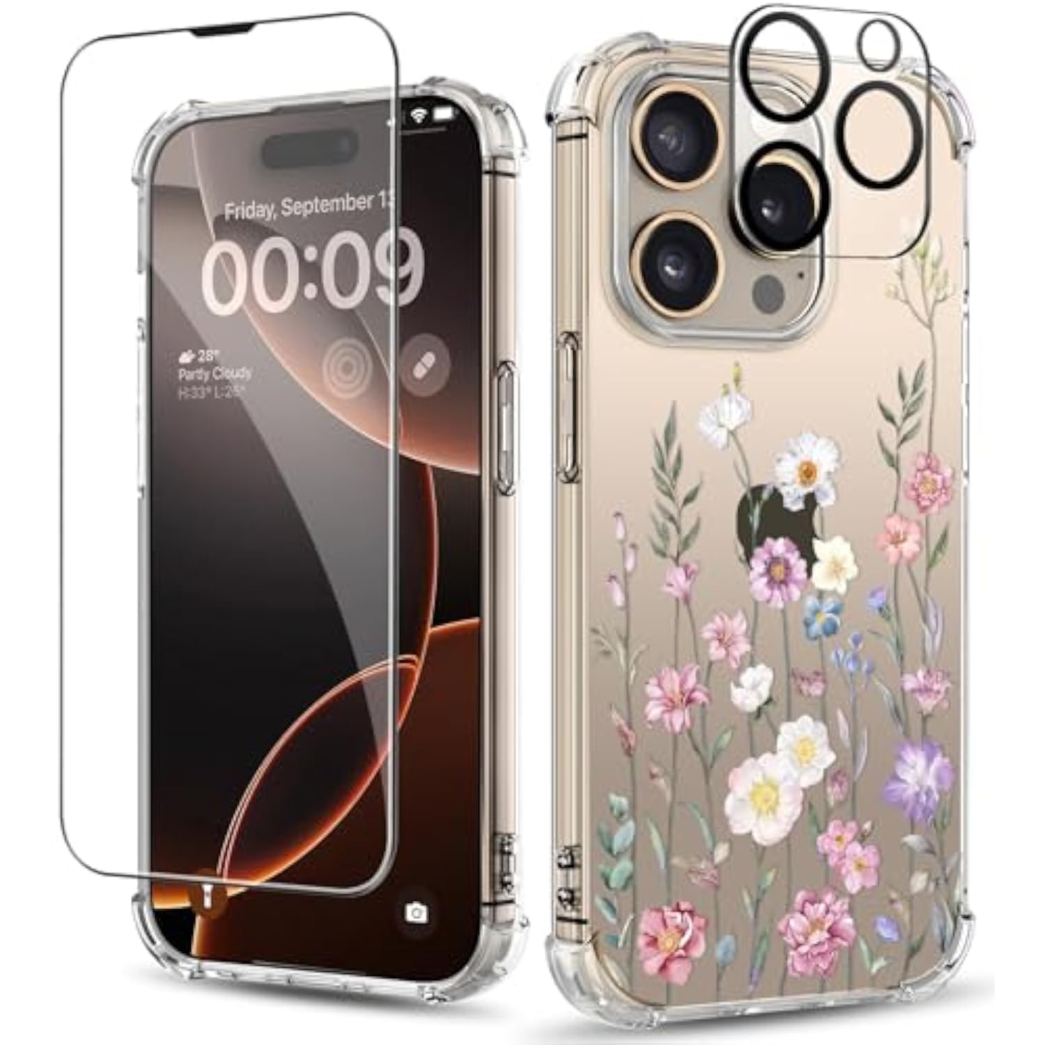 For Iphone 16 Pro Case ,[3 In 1]With Screen Protector & Camera Lens Protector, Flower Pattern Design,Clear Soft Shockproof Slim Floral Phone Cover For Women Girls 2024 6.3" (Blooming Flowerets)