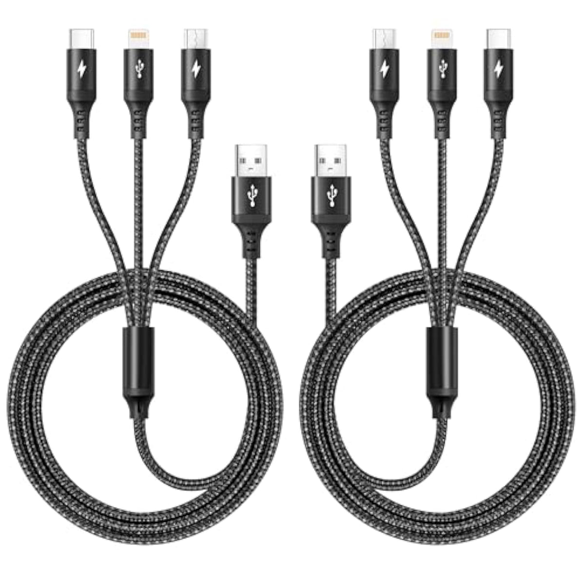 2Pack Multi Charger Cable [3.5A/6Ft] 3 In 1 Braided Usb Fast Charging Cable With Ip/Type C/Micro Usb Ports Adapter For Phone 15/14/13/12/11/X/8/7/Samsung Galaxy/Pixel/Htc/Lg/Huawei/Tablets.