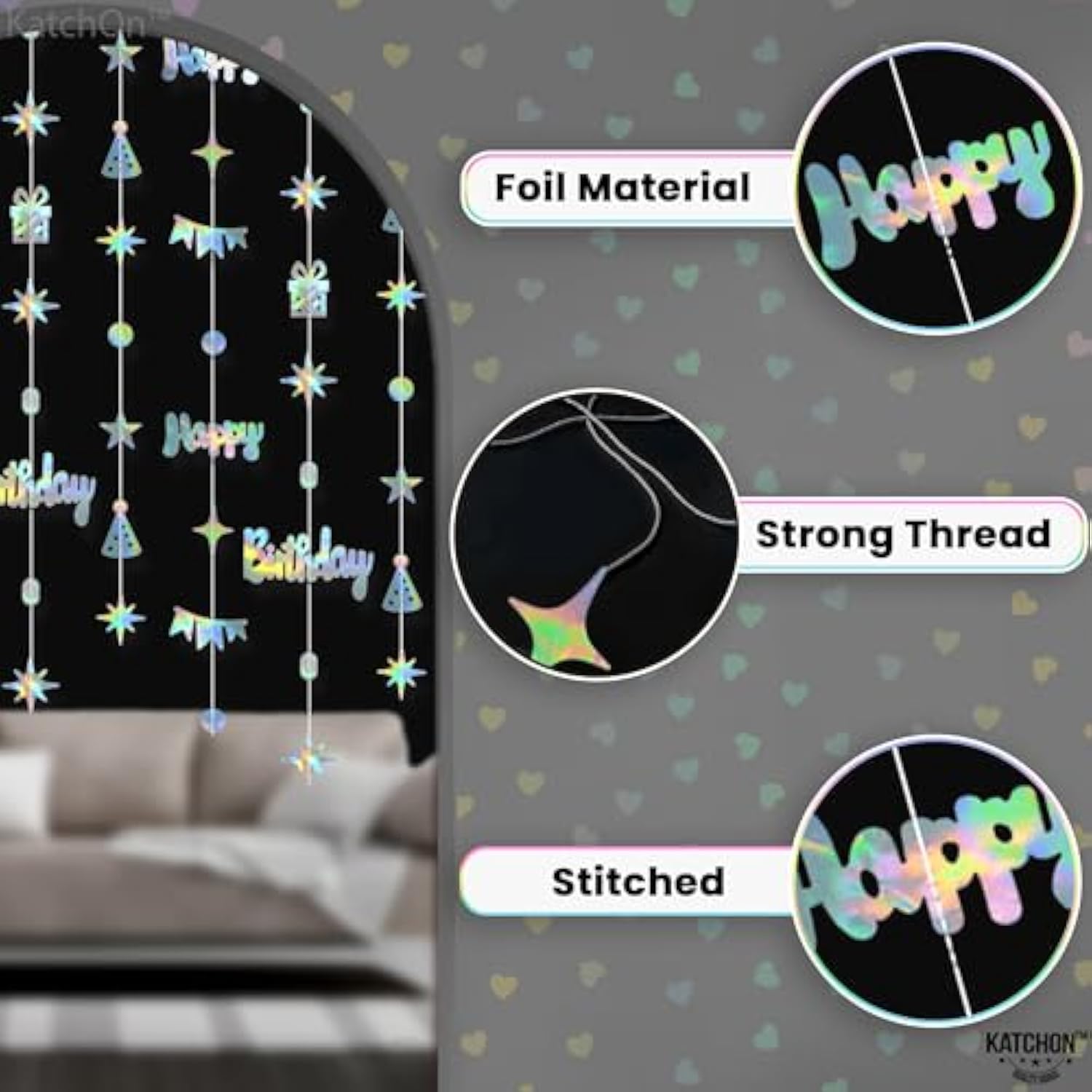 , Iridescent Happy Birthday Garland Banner - 6.5 Feet, Pack Of 8 | Silver Hanging Garland For Happy Birthday Decorations | Disco Theme Party Decorations | No Diy