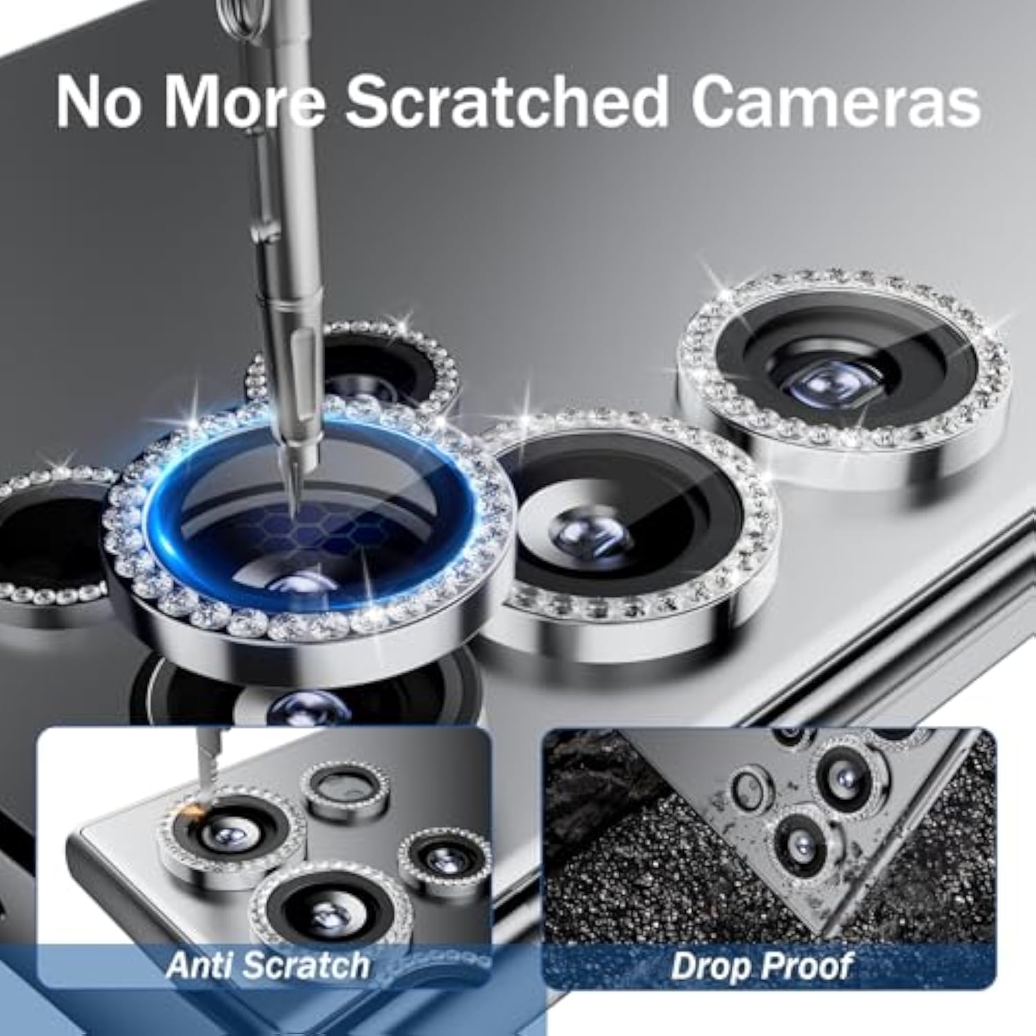 Bling Camera Lens Protector For Samsung Galaxy S25 Ultra, Individual Lens Cover With Hd Clear Tempered Glass Camera Screen Protection Film, Case Friendly, Scratch Proof(Silver Diamond)