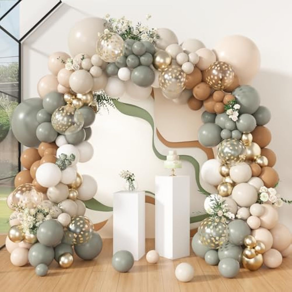 Dusty Green Balloon Arch Kit: Nude, Gold Confetti, Boho Party Decor