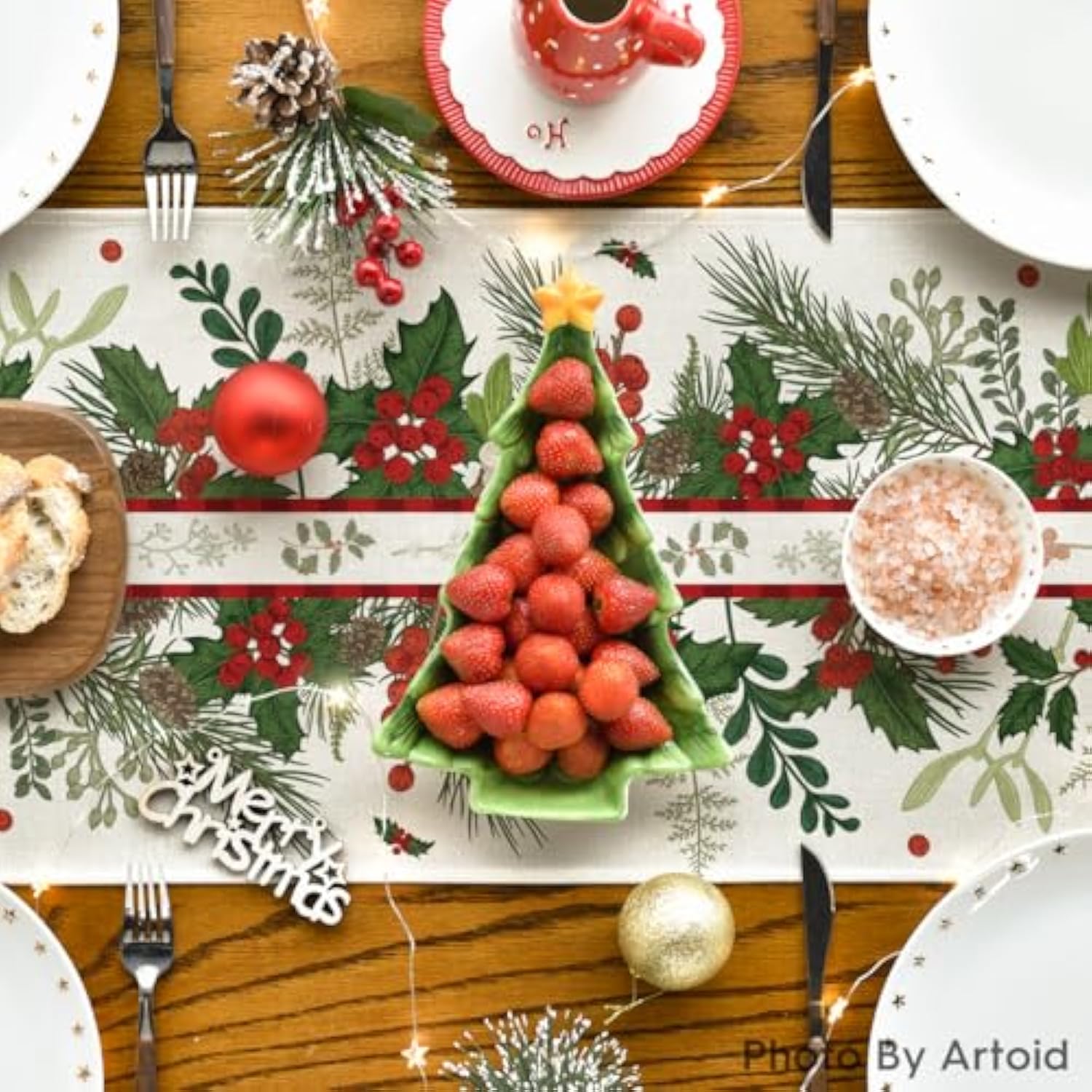 Holly Pine Cone Leaves Floral Christmas Table Runner, Seasonal Winter Kitchen Dining Table Decoration For Home Party Decor 13X72 Inch