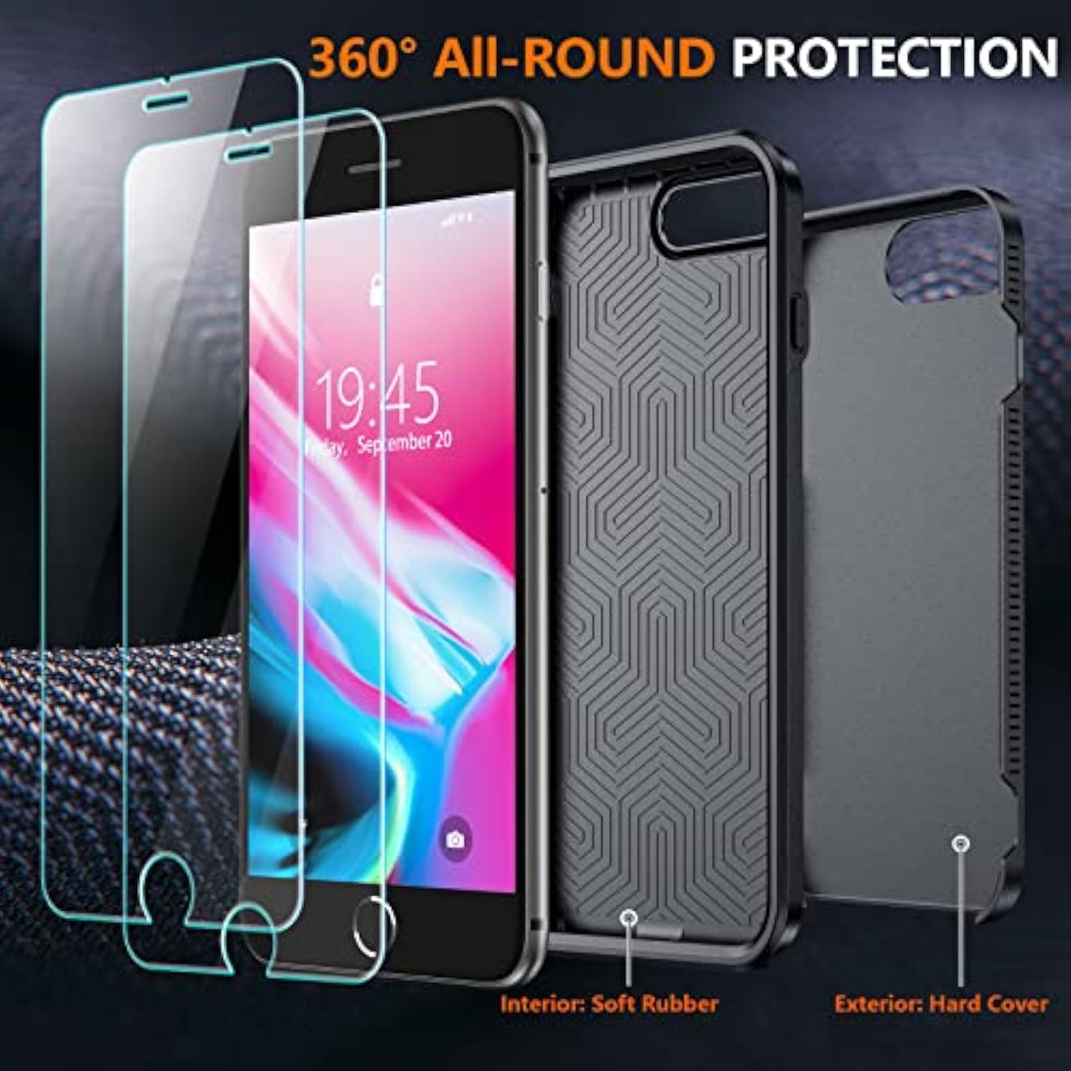 For Iphone 7/8 Plus Case, [10 Ft Grade Drop Protection] [Non-Slip] [2 Pcs Tempered Glass Screen Protector] Heavy Duty Full-Body Shockproof Case For Iphone 7/8 Plus 5.5”, Black