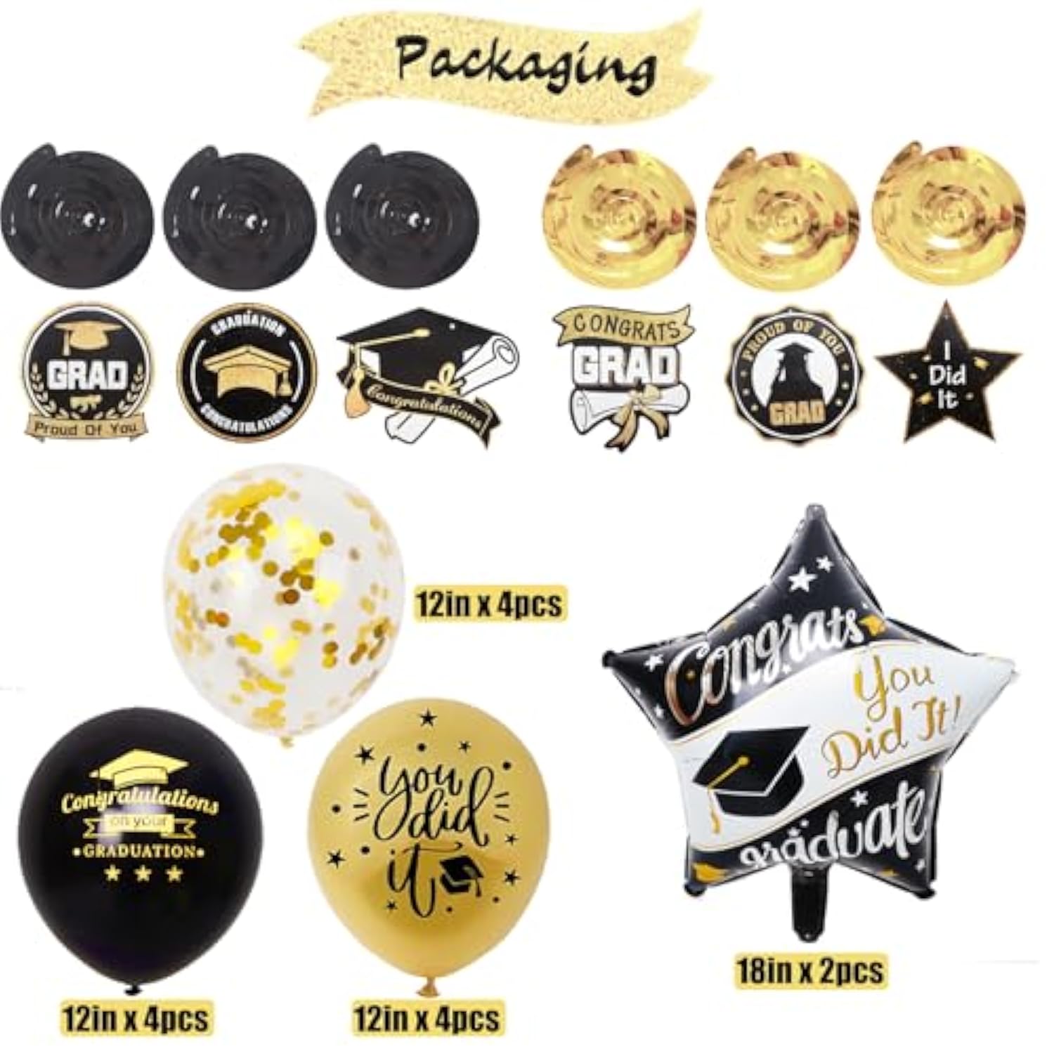 Graduation Decorations Class Of 2025, 12Pcs Black And Gold Balloons With Swirl And Garland Congrats Grad 2025 Banner For College High School Graduation Party Supplies