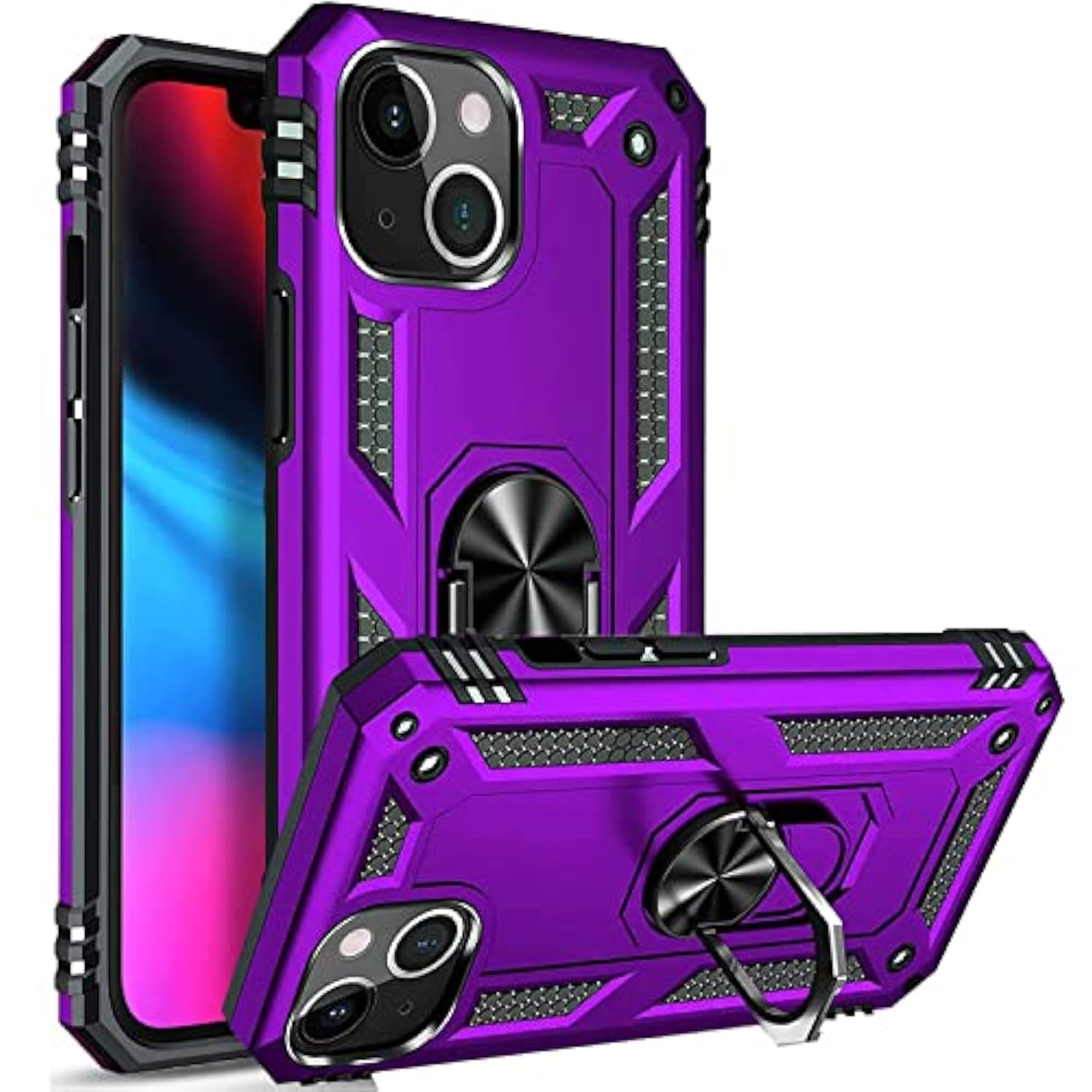Military Grade Drop Impact For Iphone 14 Case 360 Metal Rotating Ring Kickstand Holder Armor Heavy Duty Shockproof Case For Iphone 14 Phone Case (Purple)