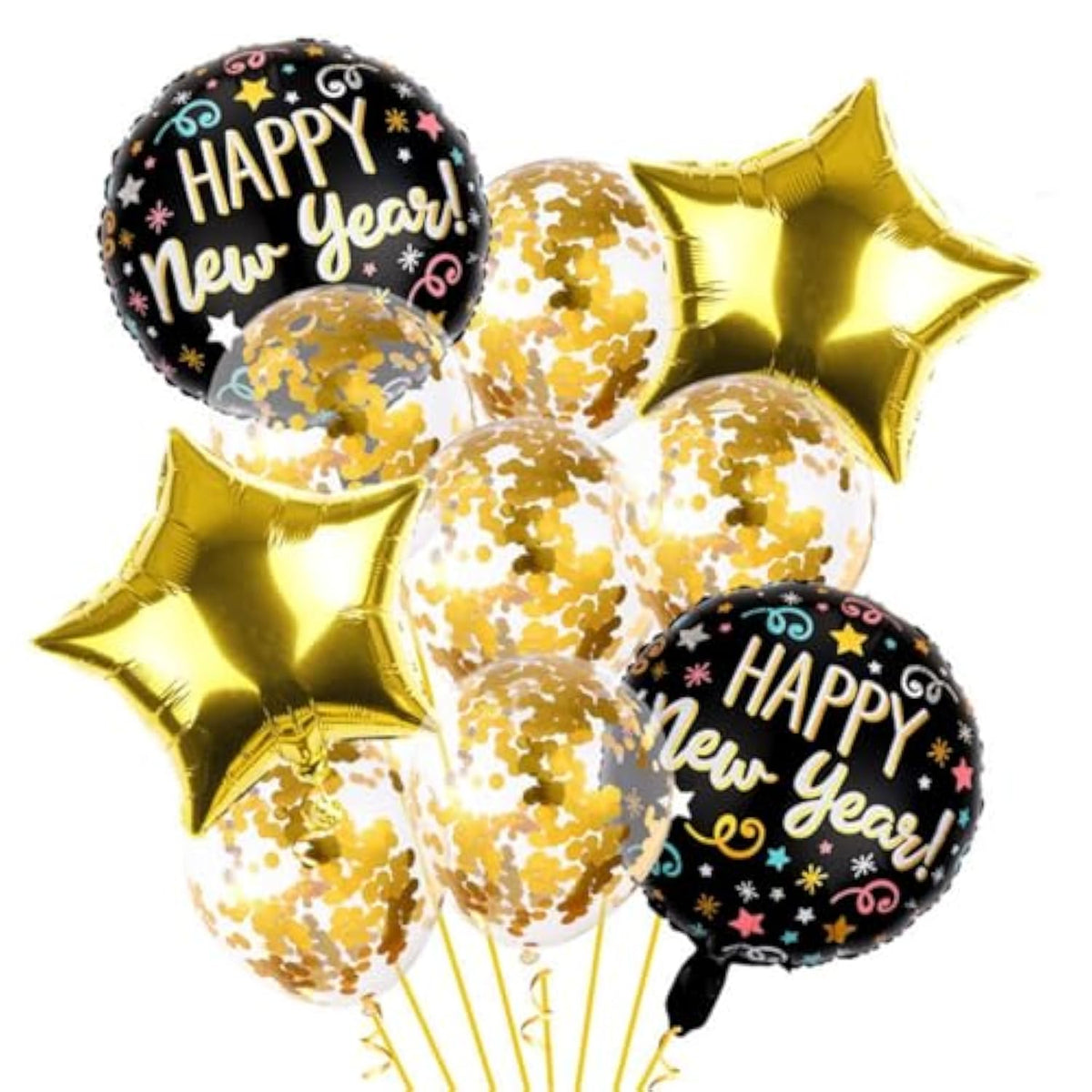 Black & Gold New Year Balloon Set Foil, Latex & Confetti Decor