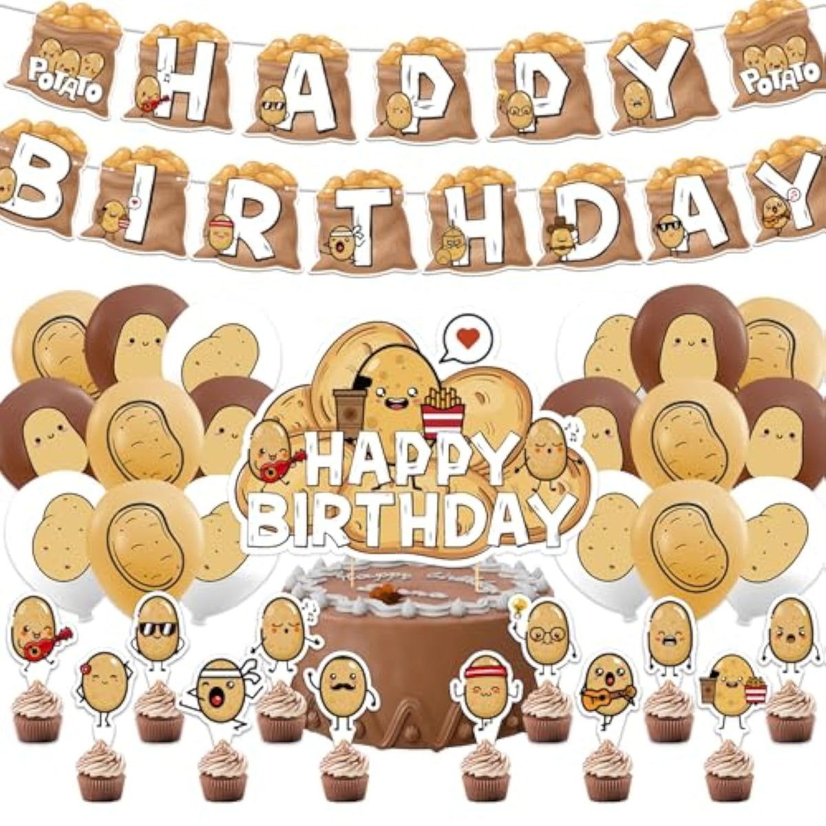 Potato Party Supplies - Cartoon Birthday Decorations Including Happy Banner, Cake Topper, Cupcake Toppers, Balloons For Baby Shower
