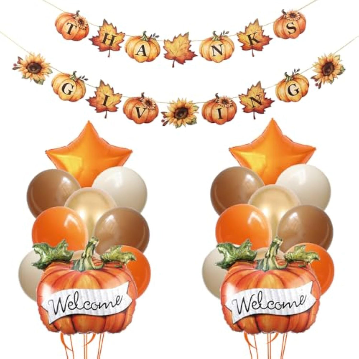 22 Pcs Orange Brown White Balloons with Pumpkin Banner Thanksgiving Party Decor