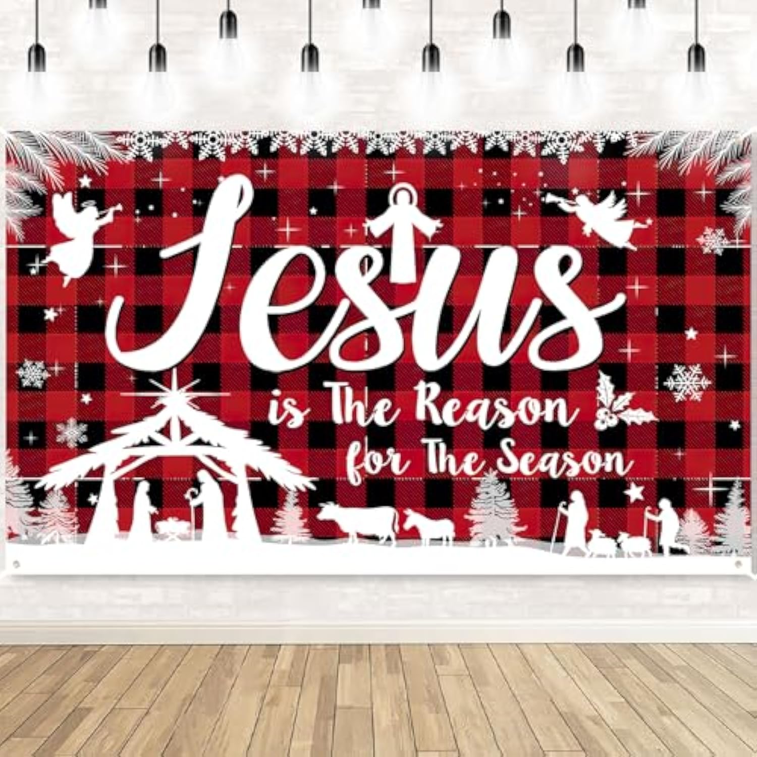 Christmas Jesus Religious Banner Xmas Holy Night Backdrop Jesus Is The Reason For The Season Red Buffalo Plaid Banner For Winter Holiday Xmas Religion Party Outdoor Decors,72.8 * 43.3 Inch