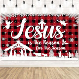 Christmas Jesus Religious Banner Xmas Holy Night Backdrop Jesus Is The Reason For The Season Red Buffalo Plaid Banner For Winter Holiday Xmas Religion Party Outdoor Decors,72.8 * 43.3 Inch