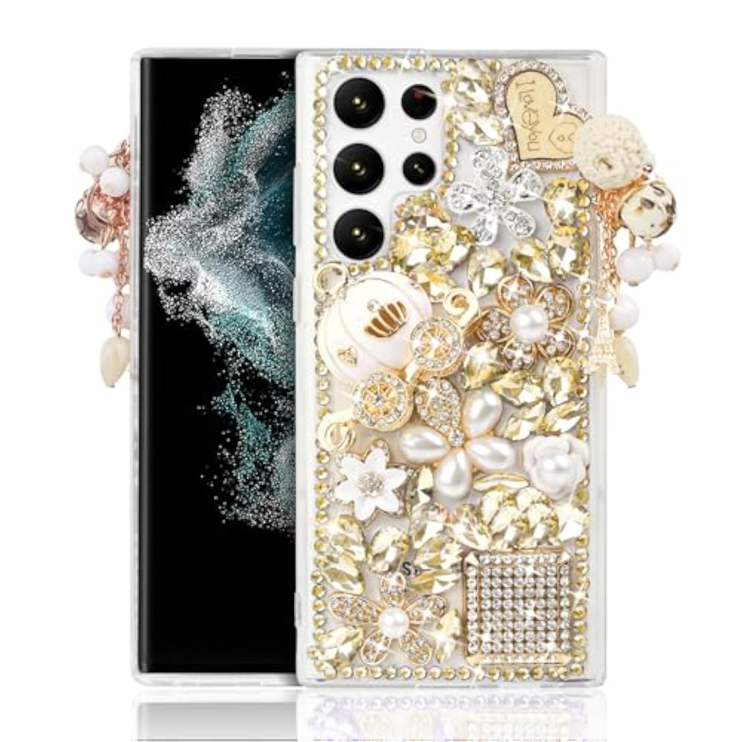 For Galaxy S25 Ultra Bling Case, 3D Bling Shiny Rhinestone Diamond Crystal Pearl Handmade Pendant Iron Tower Pumpkin Car Flowers Soft Protective Anti-Fall Case For Galaxy S25 Ultra(Gold)
