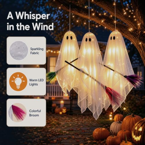3 Pack Hanging Light Up Ghosts on Brooms Halloween Decorations Outdoor