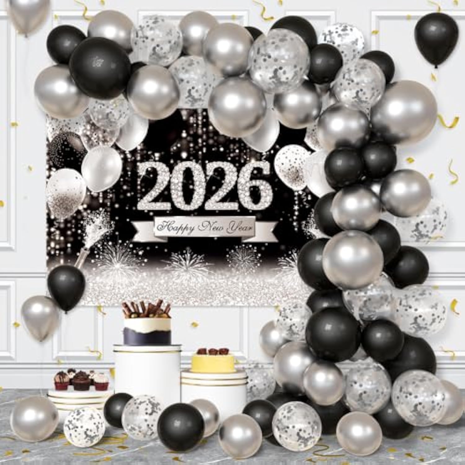 79 Pcs Black Silver Happy New Year 2026 Party Decoration Kit