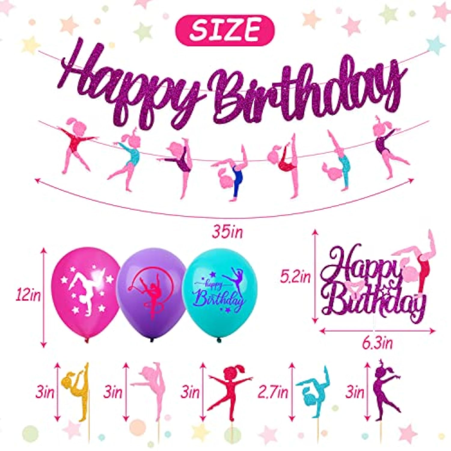52 Pcs Gymnastics Birthday Decoration Set Gymnast Happy Birthday Banner Cake Topper 25 Cupcake Toppers Gymnastics Balloons For Girl Bday Glitter Party Supplies