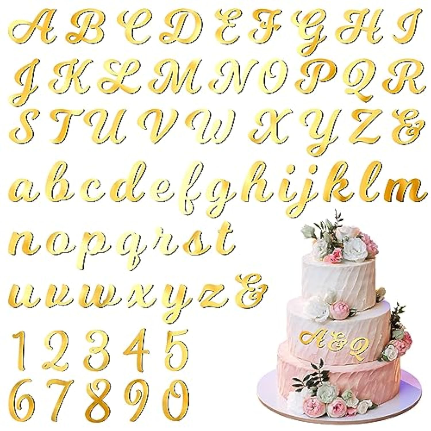 64 Pcs Acrylic Cake Alphabet Numbers Topper, Mirror Number 0-9 And Alphabet A-Z Personalized Cake Picks Decor Anniversary Wedding Baby Shower Party Supplies(Gold)