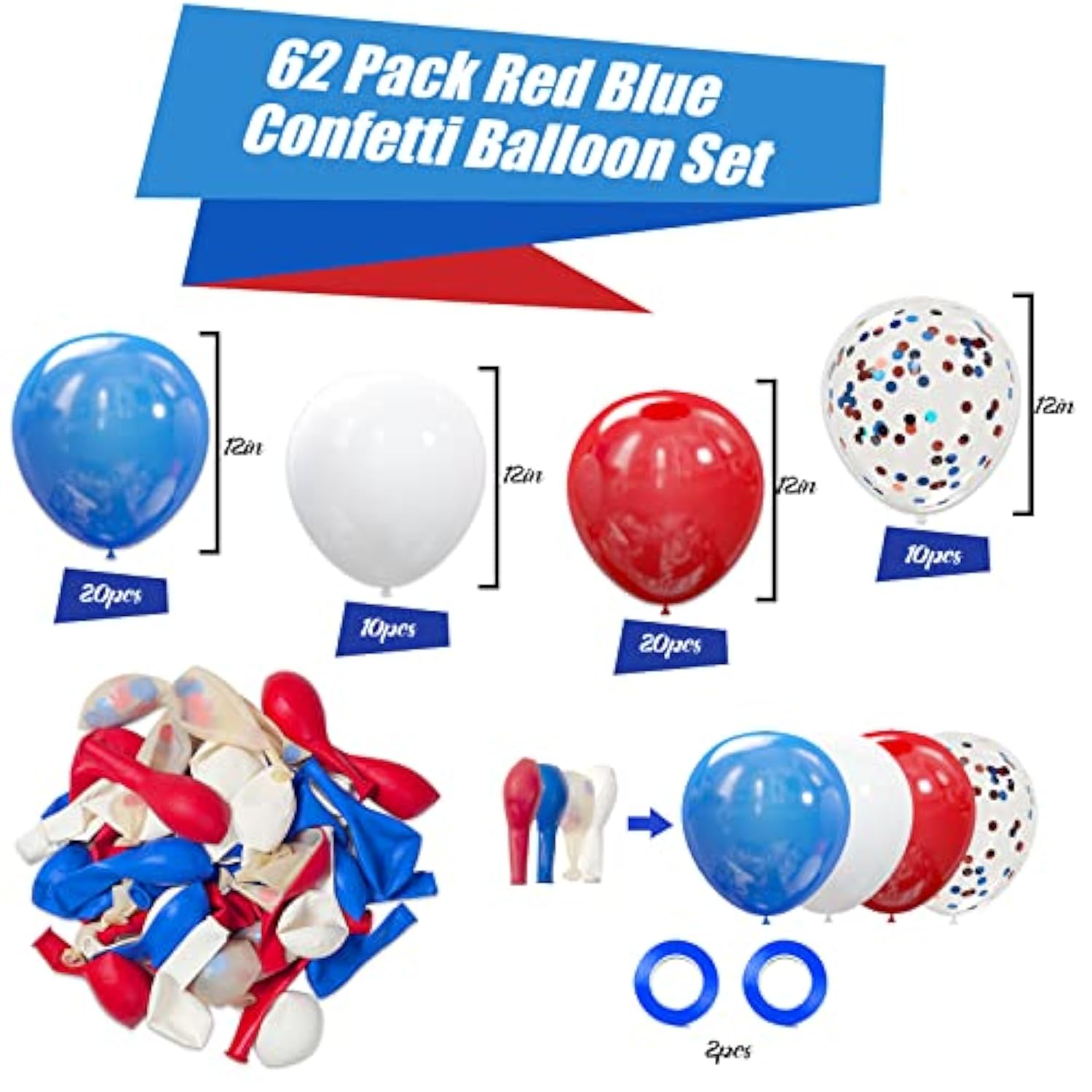 62Pcs Red White And Blue Balloons Kit - 12 Inches Red White Blue Confetti Party Balloons For 4Th Of July Independence Memorial Day Patriotic Party Decorations