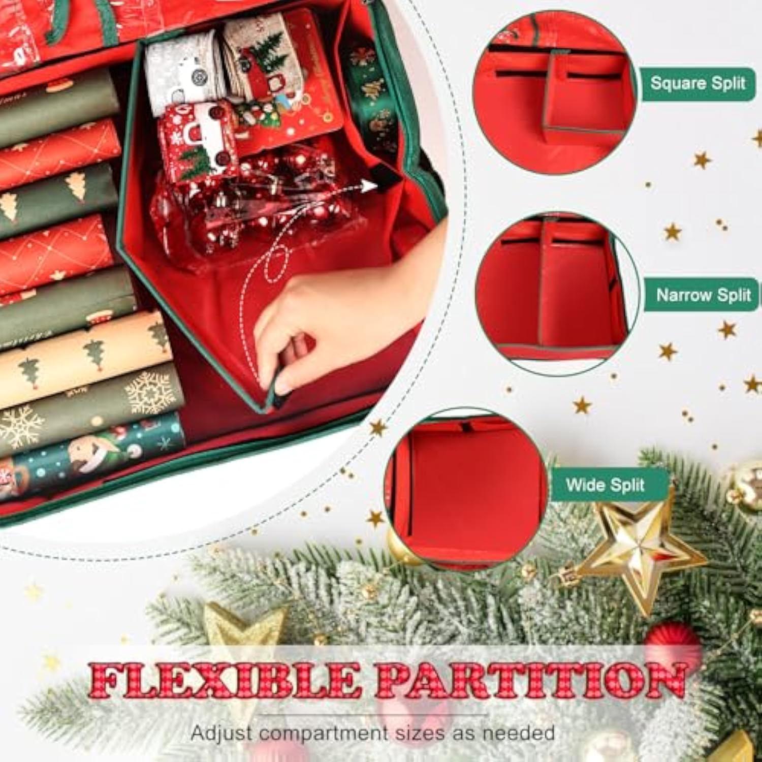 42'' Gift Wrap Organizer Christmas Wrapping Paper Storage Sturdy 600D Oxford Fabric Xmas Accessories Containers Bag Large Capacity Ornaments Storage Box (Red)