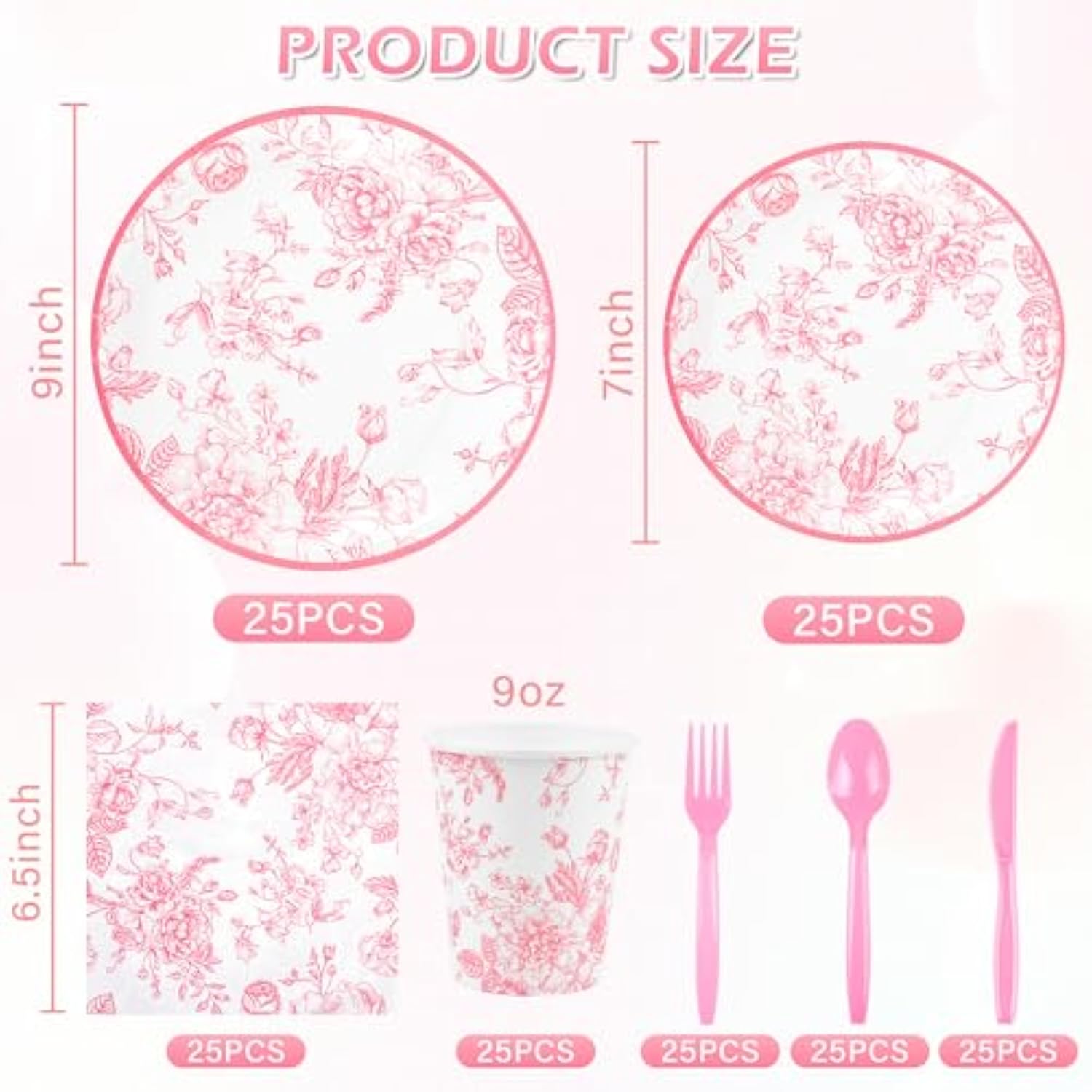 175Pcs Pink Floral Paper Plates And Napkins 25 Guests Pink White Toile Chinoiserie Party Supplies Set Include Plates Napkins Cups Spoons Forks Knives For Christmas Birthday Wedding Mother'S Day