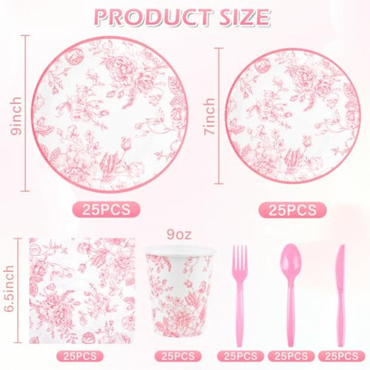 175Pcs Pink Floral Paper Plates And Napkins 25 Guests Pink White Toile Chinoiserie Party Supplies Set Include Plates Napkins Cups Spoons Forks Knives For Christmas Birthday Wedding Mother'S Day