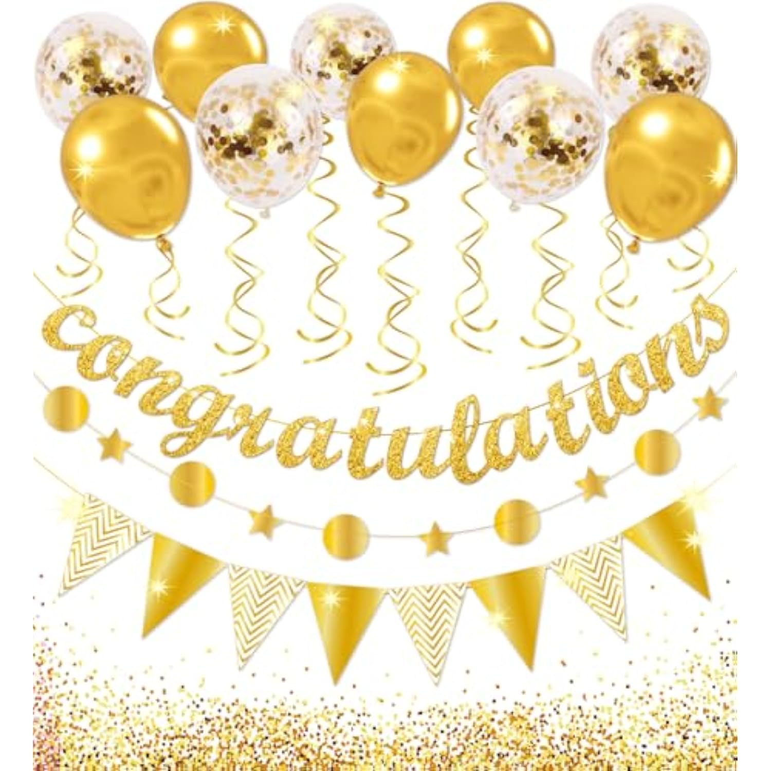 Congratulations Banner Kit - Glitter Congratulation Banner, Triangle Flag Banner, Star Circle Dots Garland, Hanging Swirls, Pre-Assembled Decorations For Graduation, Birthday, Anniversary Party Favors