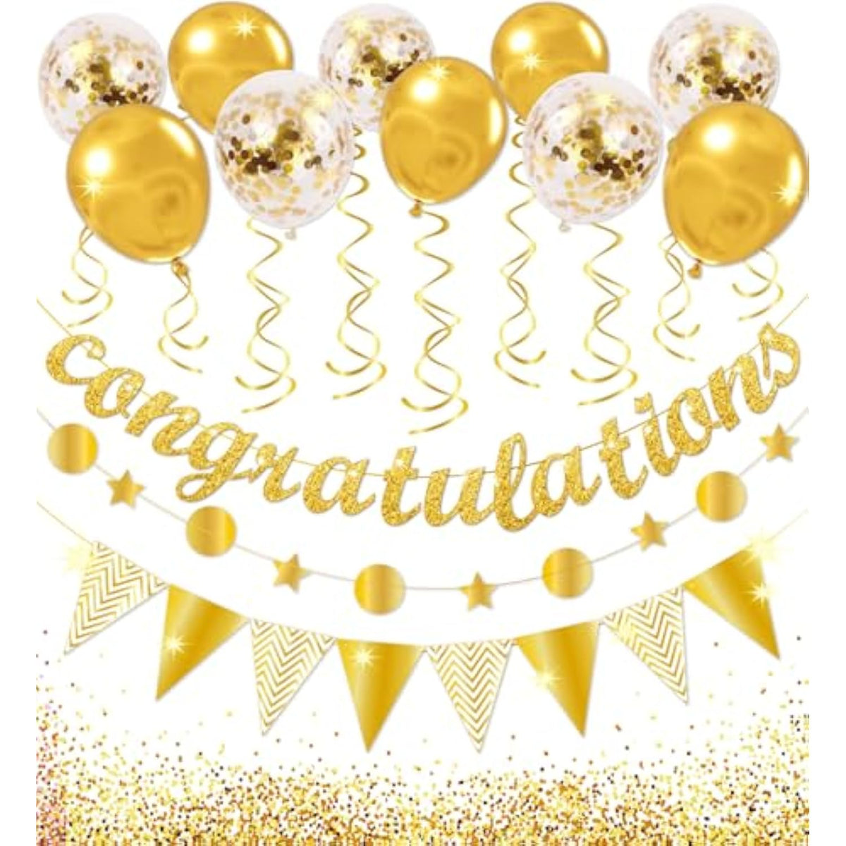 Congratulations Banner Kit - Glitter Congratulation Banner, Triangle Flag Banner, Star Circle Dots Garland, Hanging Swirls, Pre-Assembled Decorations For Graduation, Birthday, Anniversary Party Favors