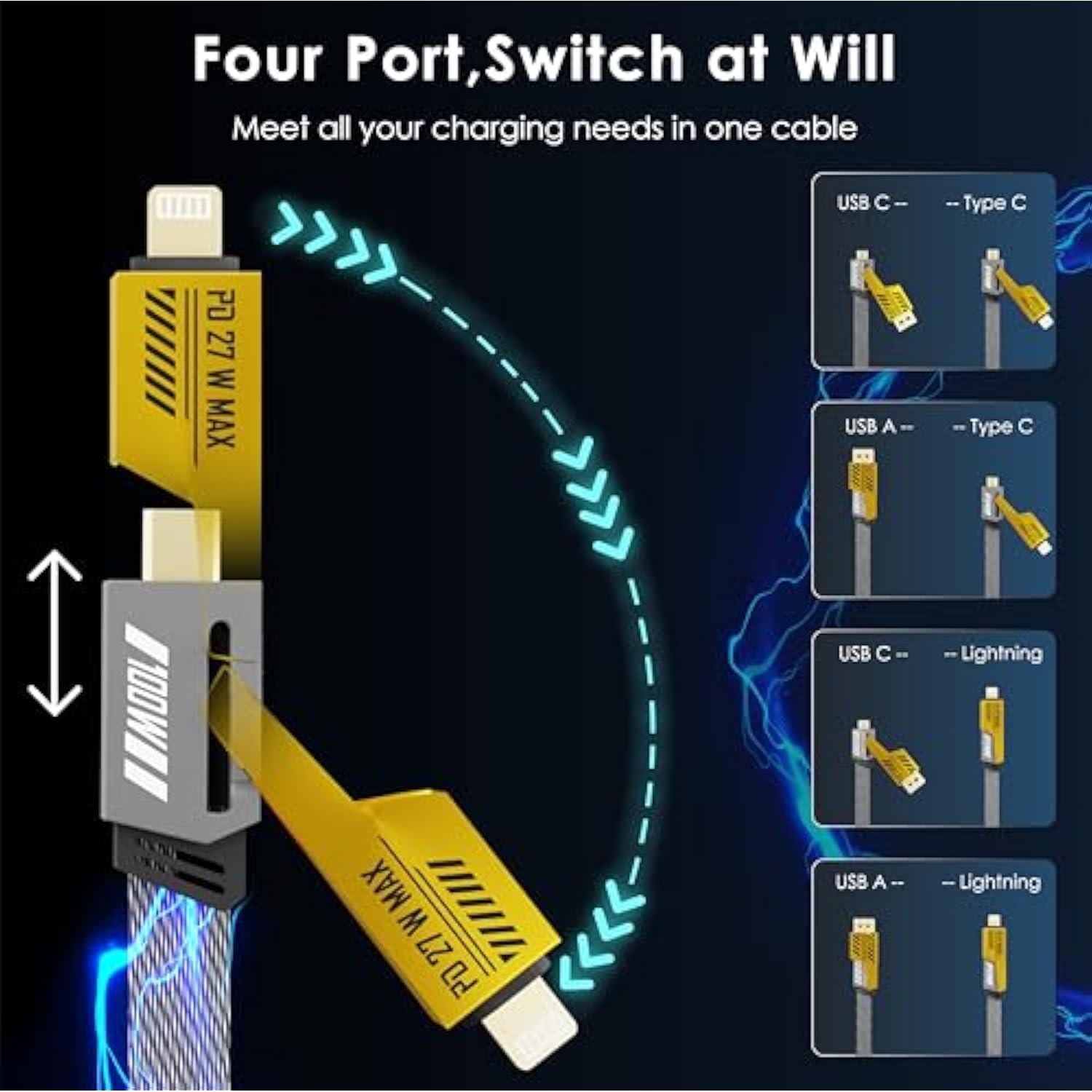 4 In 1 Charging Cable 2-Pack, 100W Usb C To Lightning Cable 6Ft, Fast Charging [480Mbps] Flat Nylon Braided Charger Cord With Lightn-Ing/Usb C/Usb A Port For Iphone Ipad & More