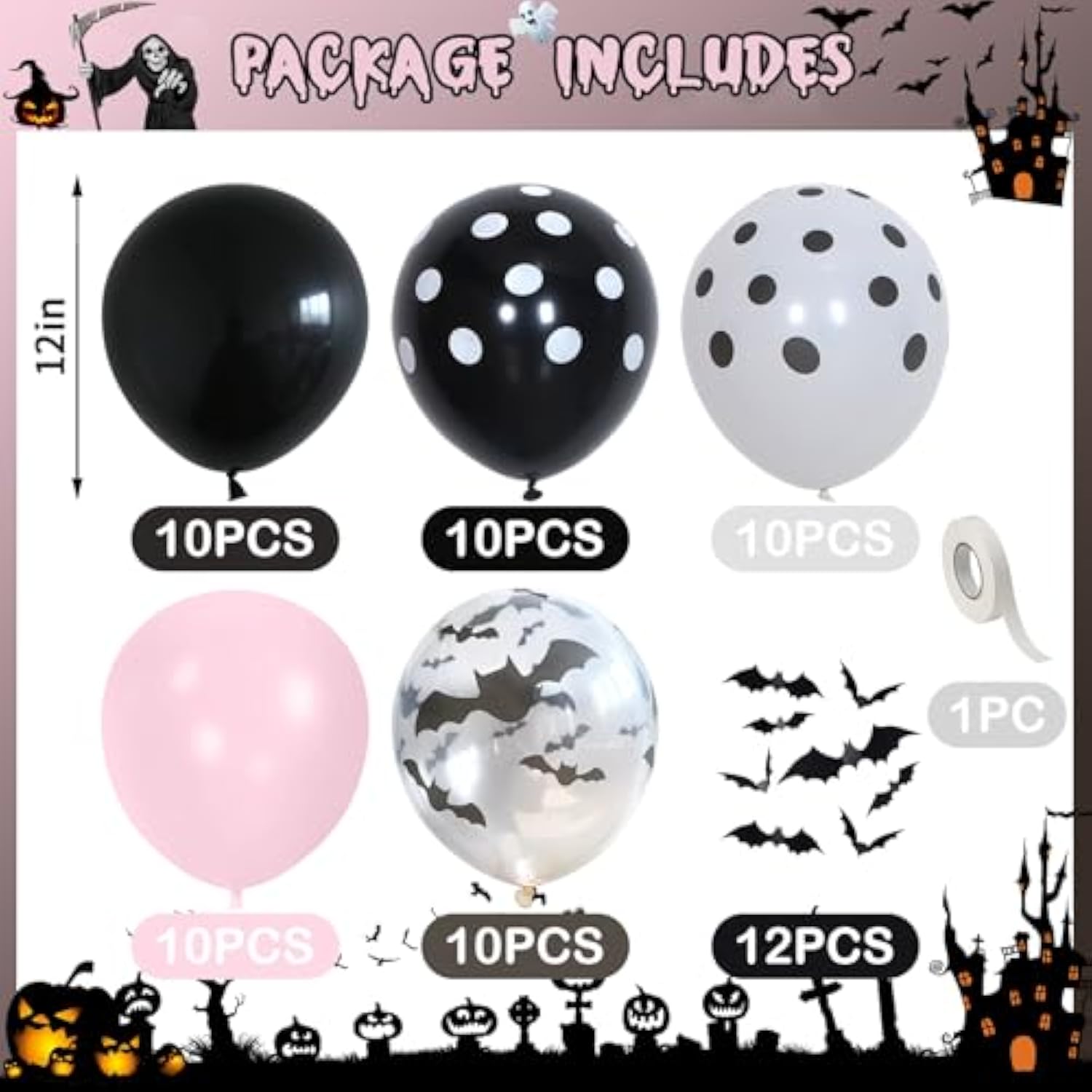 Pink Black Halloween Balloons with 3D Bat Stickers Polka Dot Balloons Party Decor