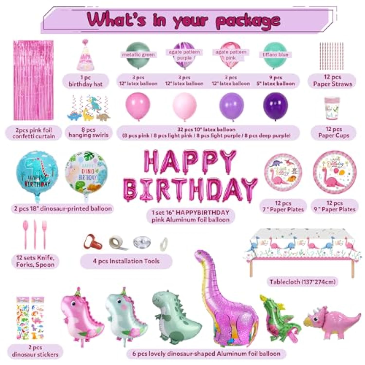 150-Pc Pink Dinosaur Party Set for Girls – Supplies for 12 with Balloons, Tableware & Decor