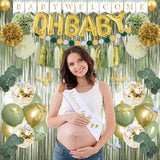 217 Pcs Sage Green Baby Shower Decorations, Neutral Baby Shower Decor Supplies- Disposable Dinnerware Set With Eucalyptus Leaf (25 Guest), "Oh Baby" Banner, Balloon, Sash, Cake Topper
