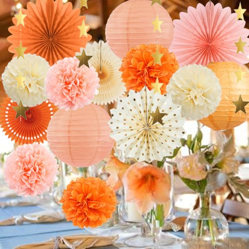 Beige Orange Peach Fall Party Decorations Boho Orange Peach Birthday Decorations Paper Fans Lanterns Peach and Cream Party Decorations for Autumn Baby Shower Bridal Shower Wedding Engagement Party