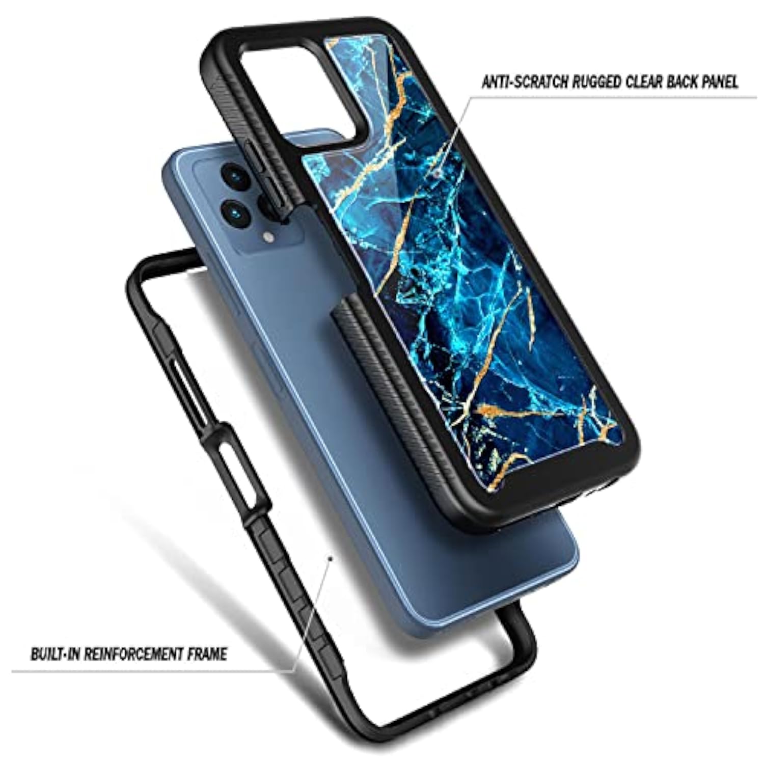 Designed For T-Mobile Revvl 6 5G / Revvl 6X 5G Phone Case With [Built-In Screen Protector], Full-Body Shockproof Protective Rugged Bumper Cover (Marble Design Sapphire)