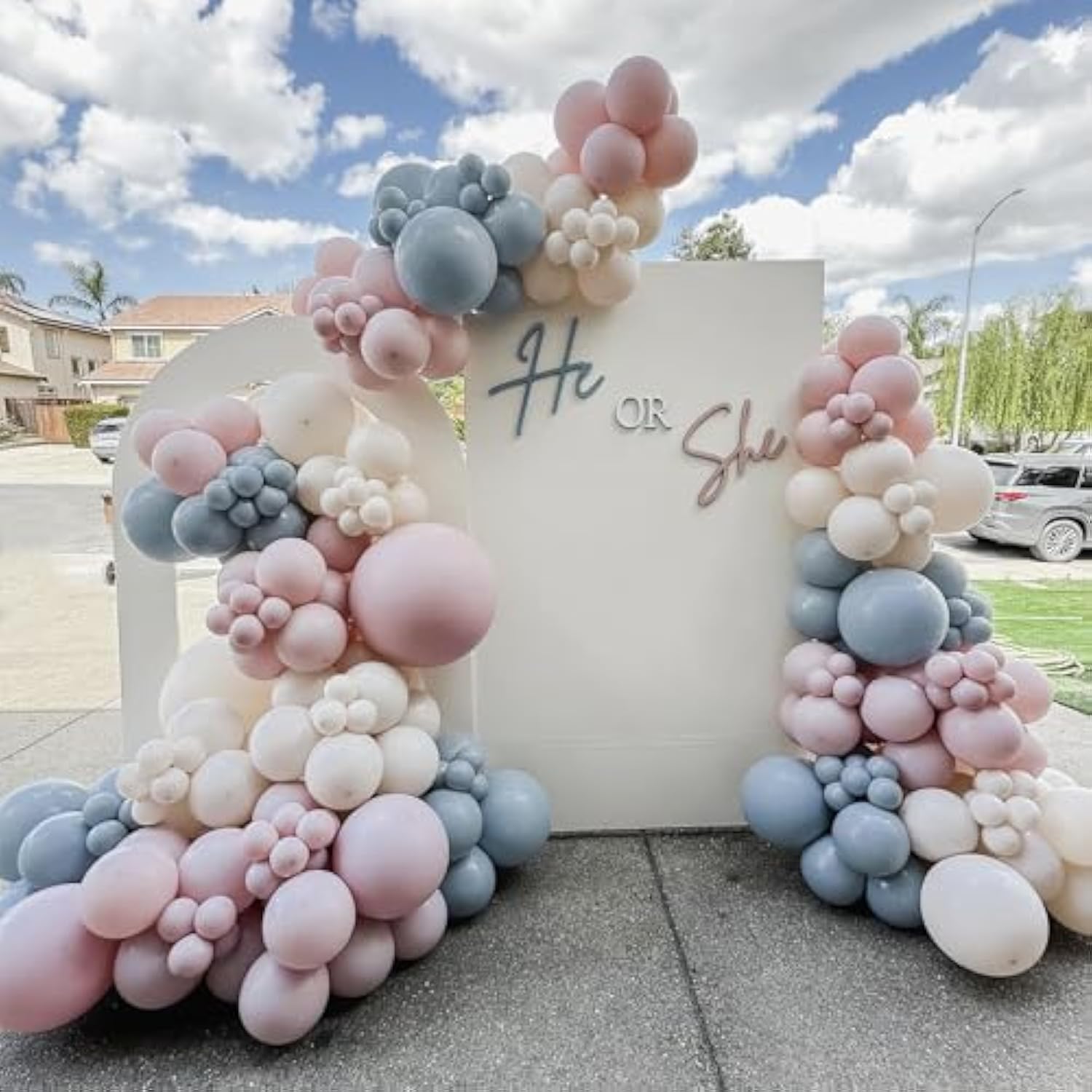 Gender Reveal Balloon Arch Garland Kit, 140Pcs Dusty Pink Misty Blue White Sand Nude Balloons For Boho Neutral Baby Shower Boy Or Girl Gender Reveal Birthday Bear Theme Party Decorations