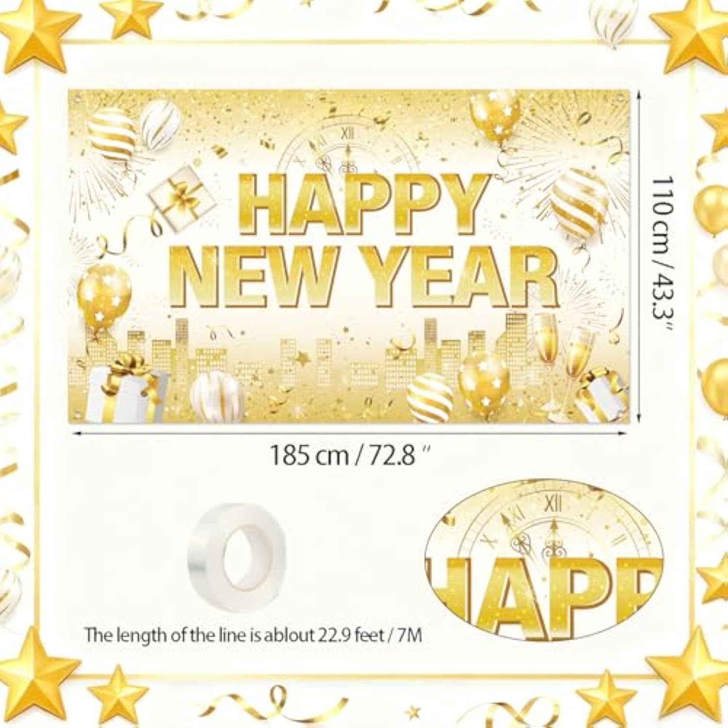 White Gold Happy New Year 2026 Banner NYE Party Backdrop Decor