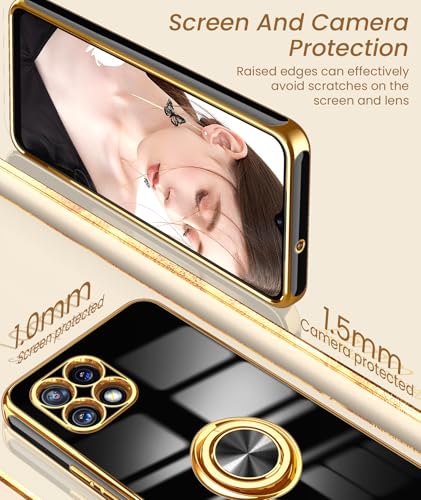 For T-Mobile Revvl 7 5G Case With 2X Screen Protector, 360° Rotatable Ring Holder Magnetic Kickstand,Plated Gold Edge Slim Soft Tpu Protective Cover For T-Mobile Revvl 7 Black