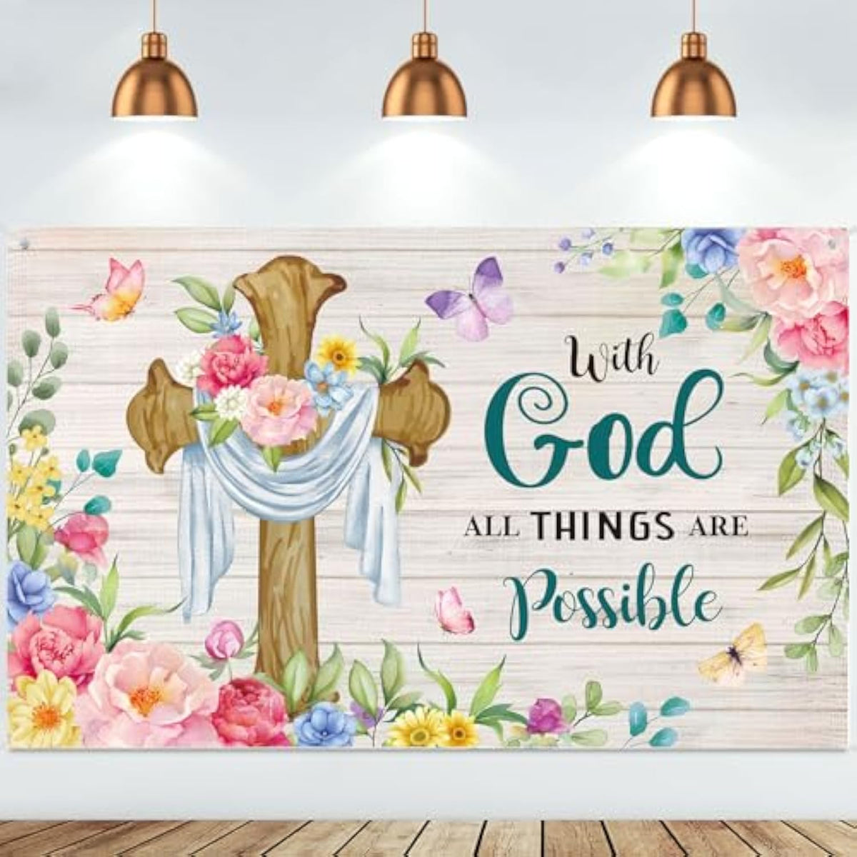 Spring Backdrop Christian Cross Banner With God All Things Are Possible Spring Easter Butterfly Flowers Wall Backdrops For Home Office Background Holiday Photo Prop, 43.3'' X 72.8''