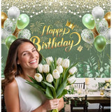 72x44" Greenery Sage Green Happy Birthday Banner Eucalyptus Glitter Backdrop Decor