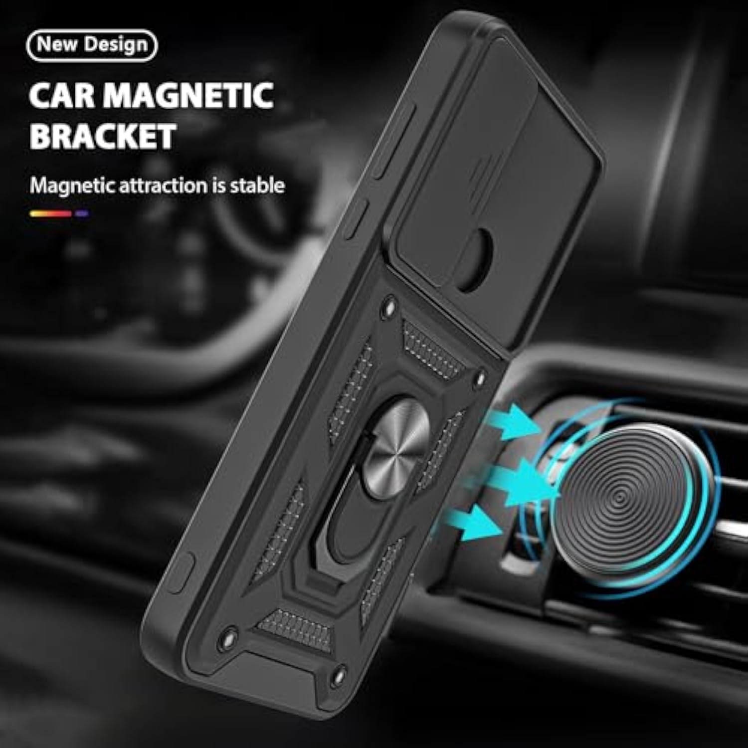 For Moto G Play 2023 Case, With Tempered Glass Screen Protector [2 Pcs] & Slide Camera Cover, 360°Rotation Ring Kickstand [Military Grade] Case. (Black)