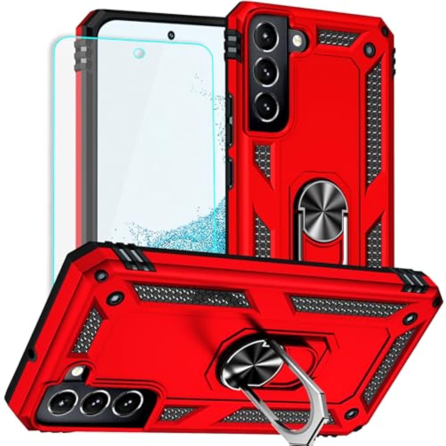 For Galaxy S22 Case: Samsung Galaxy S22 Case With Hd Screen Protector - Military Grade Protective Cases With Ring For Samsung S22(Red)